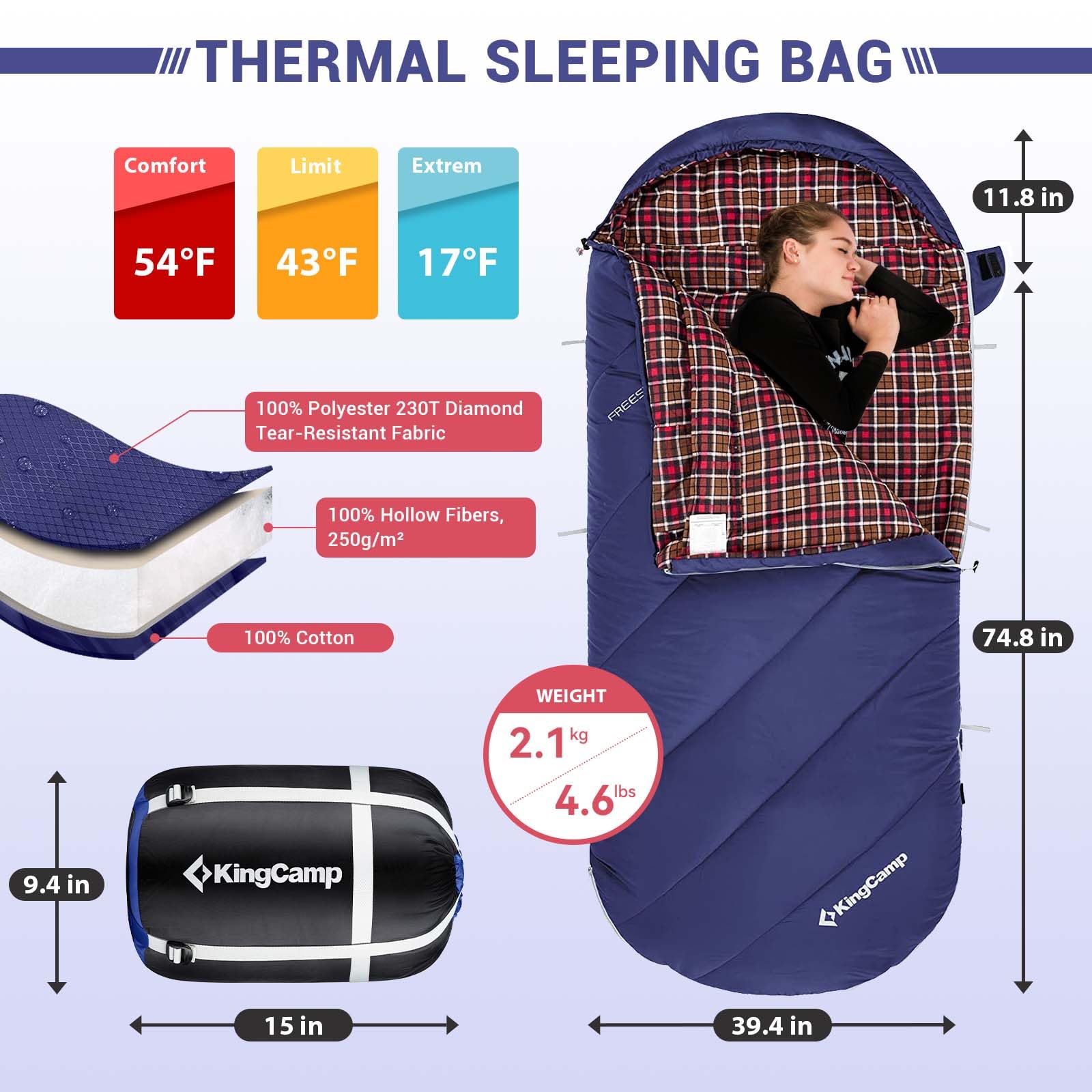 KingCamp Extra Wide Flannel Sleeping Bag for Adults - Lightweight XL Size for Camping & Backpacking - Warm & Cold Weather Comfort - Perfect for Big and Tall Campers - Ideal for Outdoor Adventures, Hiking Trips, and Backyard Camping