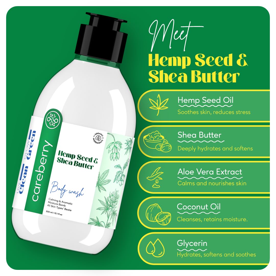 Careberry Hemp Seed Oil & Shea Butter Body Wash - Sulfate & Paraben Free, Ayurvedic Certified, 300ml | Daily Moisturizing for Dry Skin, Perfect for Shower & Bath Routine