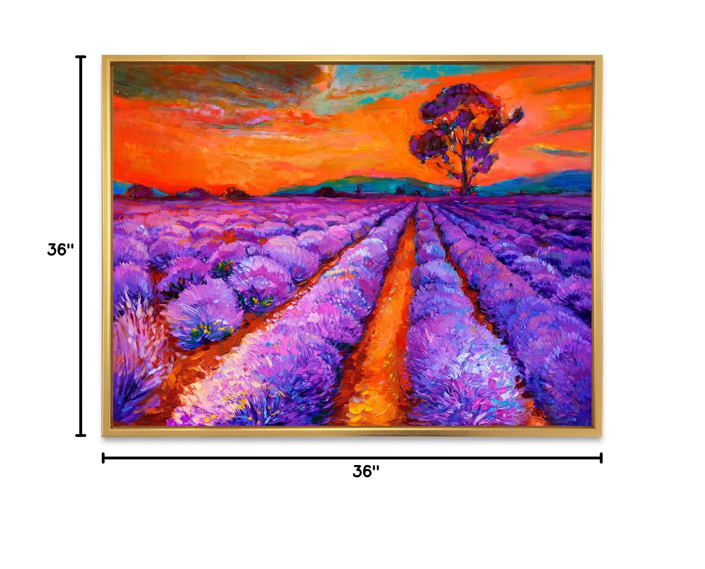 Purple Lavender Fields Under Orange Sunset - Farmhouse Framed Canvas Wall Art Print for Living Room, Bedroom & Office Decor