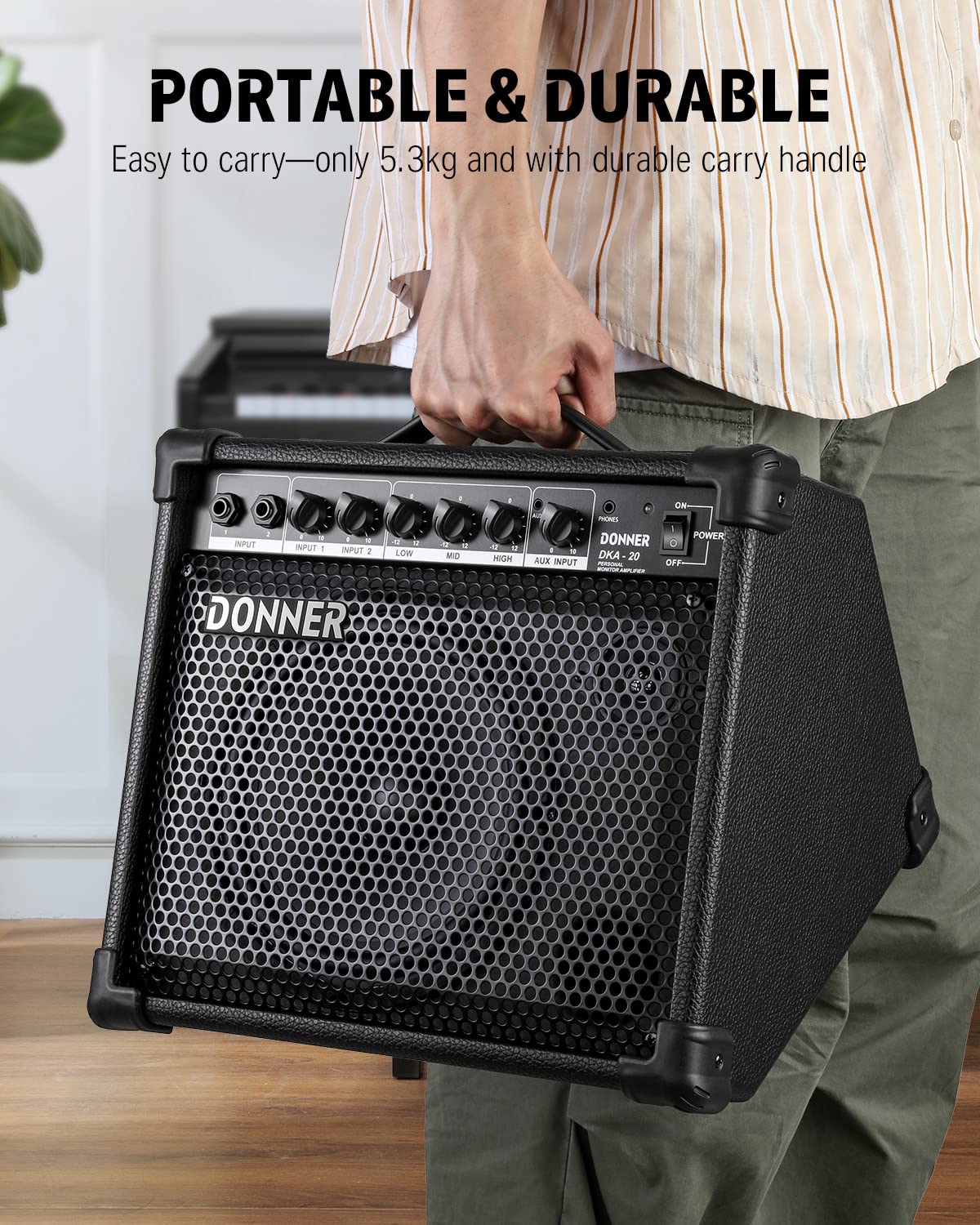 Donner DKA-20 20W Keyboard Amplifier with Aux Input, 2 Channels - Portable Bass Guitar & Piano Amp with Mic Input | Perfect for Home Practice, Live Performances & Electronic Drum Monitoring