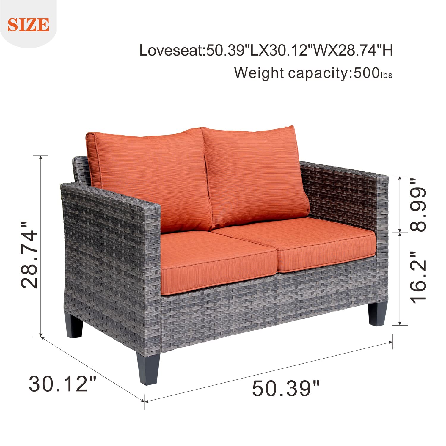 Ovios 2-Seater Outdoor Wicker Loveseat - All-Weather Rattan Patio Sofa with High Back & Deep Seat, Comfy Cushions - Perfect for Porch, Garden, Deck & Backyard Relaxation (Orange Red)