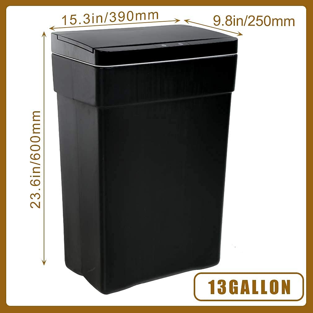 HGS 13 Gallon Automatic Motion Sensor Trash Can - Hands-Free Touchless Kitchen Garbage Bin with Lid, Black Plastic Wastebasket for Home, Office, Bathroom & Outdoor Use