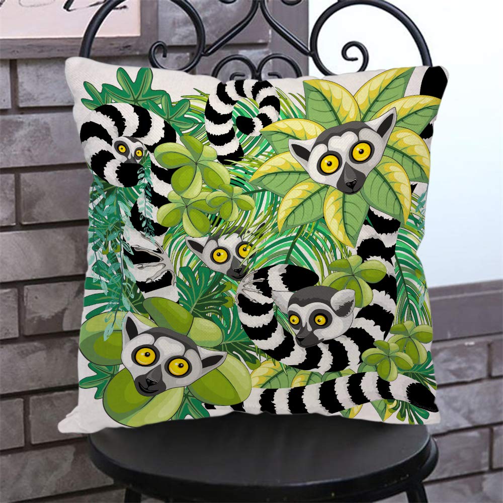 Lemurs Throw Pillow Covers 18x18 Inch - Madagascar Rainforest Animal Print Decorative Couch Sofa Bedding Pillowcases | Perfect for Home Decor, Living Room, Bedroom & Nursery