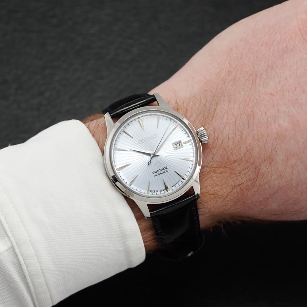 Seiko SRPB43 Presage Cocktail Time Automatic Watch - 40.5mm Blue Dial with Genuine Leather Strap - Perfect for Business Meetings & Formal Occasions