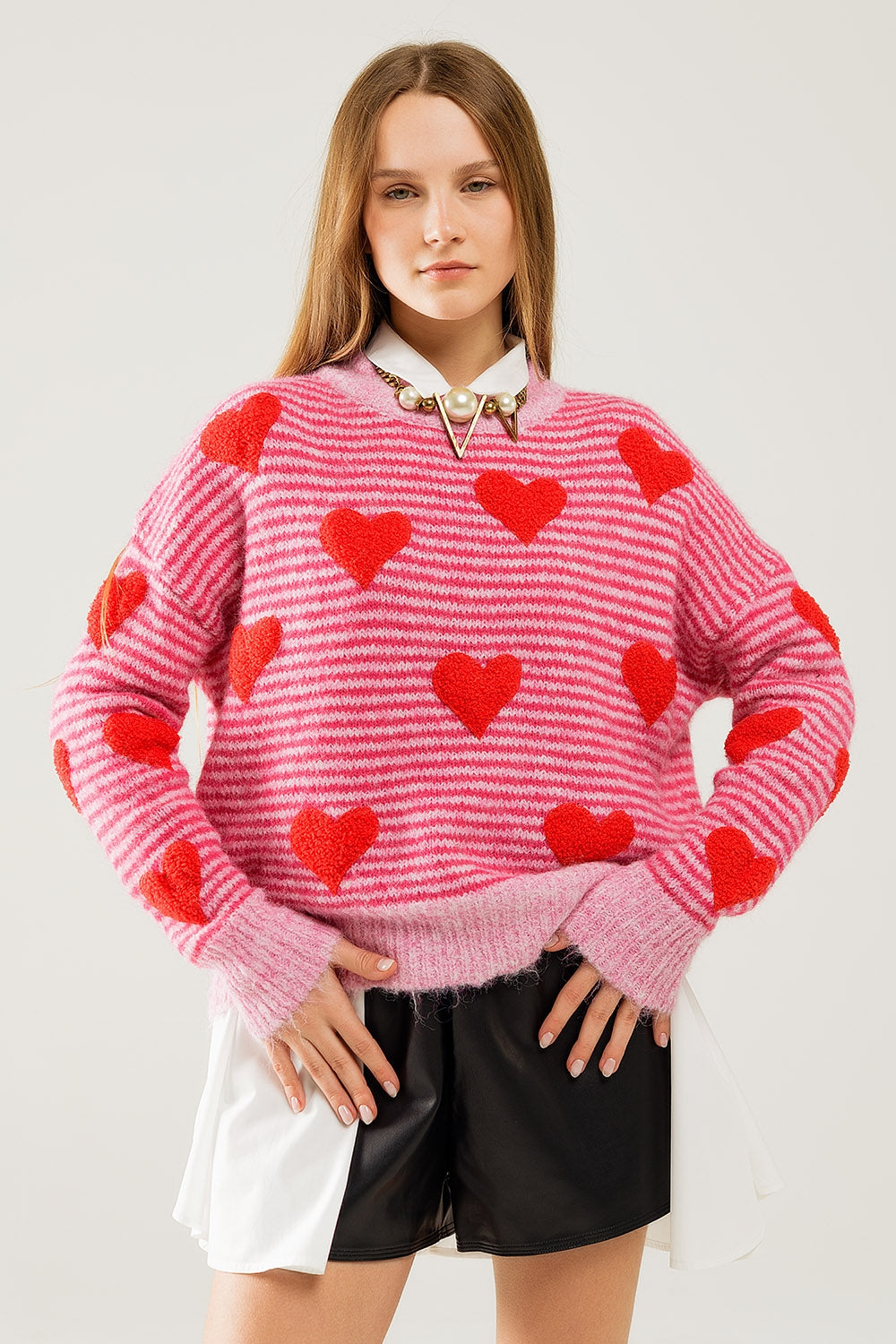 Pink Striped Pullover with Red Hearts - Cozy Casual Sweater for Women, Perfect for Valentine's Day, Date Nights & Winter Layering