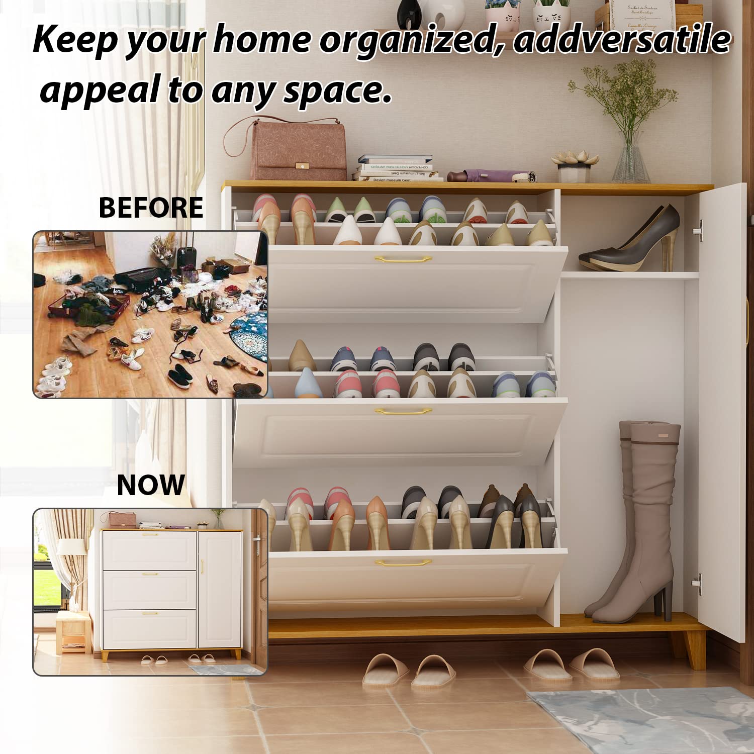 Modern Shoe Cabinet with 3 Flip Drawers & 1 Door - Freestanding Entryway Shoe Storage Organizer, White (47.2”W x 9.5”D x 47.2”H) - Perfect for Small Spaces, Apartments & Closet Organization