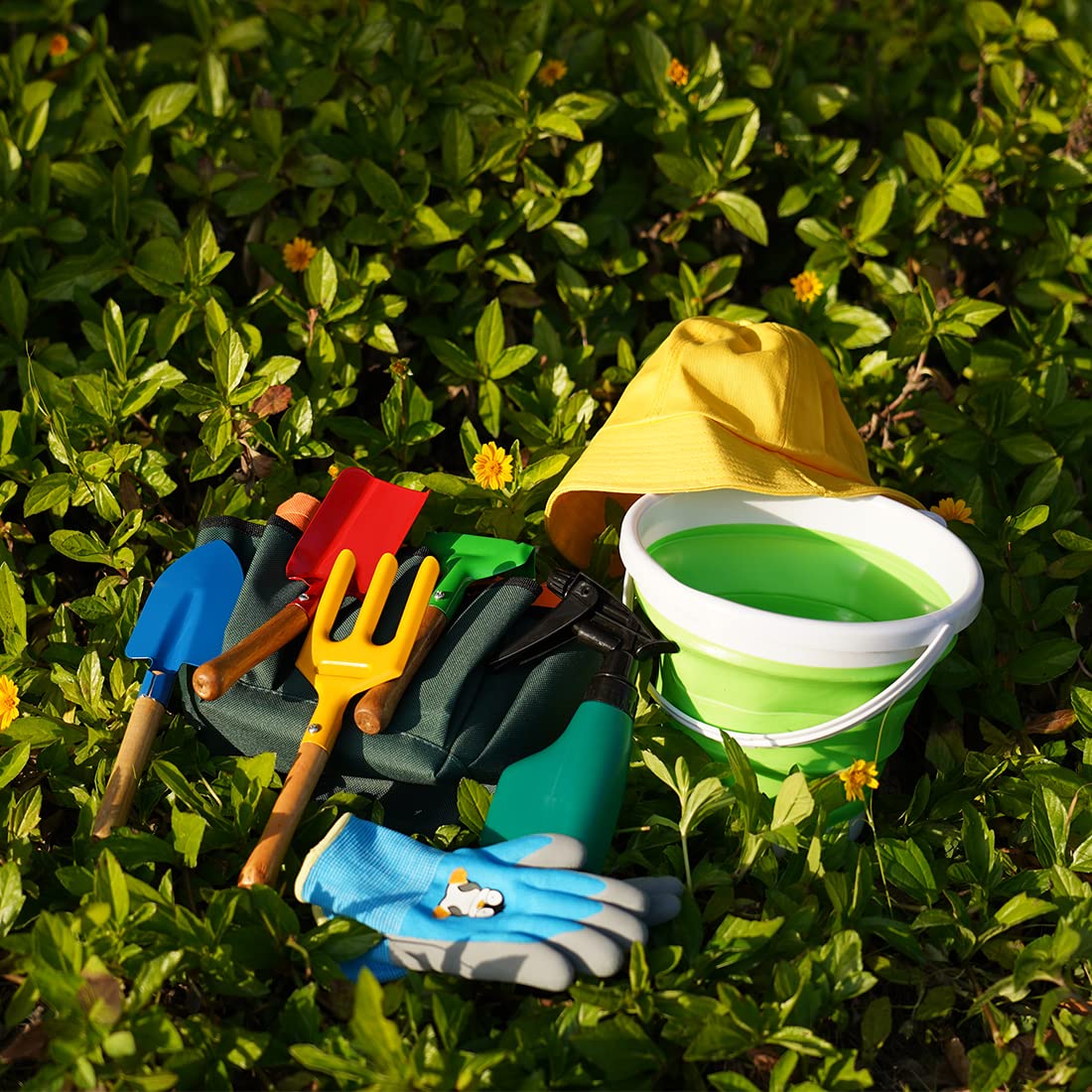 **Kids Gardening Set - Real Metal Tools Kit for Children with Shovel, Rake, Fork, Trowel, Sun Hat, Apron, Gloves, Tote Bag, Sprayer & Bucket - Outdoor Gardening Gifts for Boys & Girls - Perfect for Backyard, School Projects & Nature Exploration**