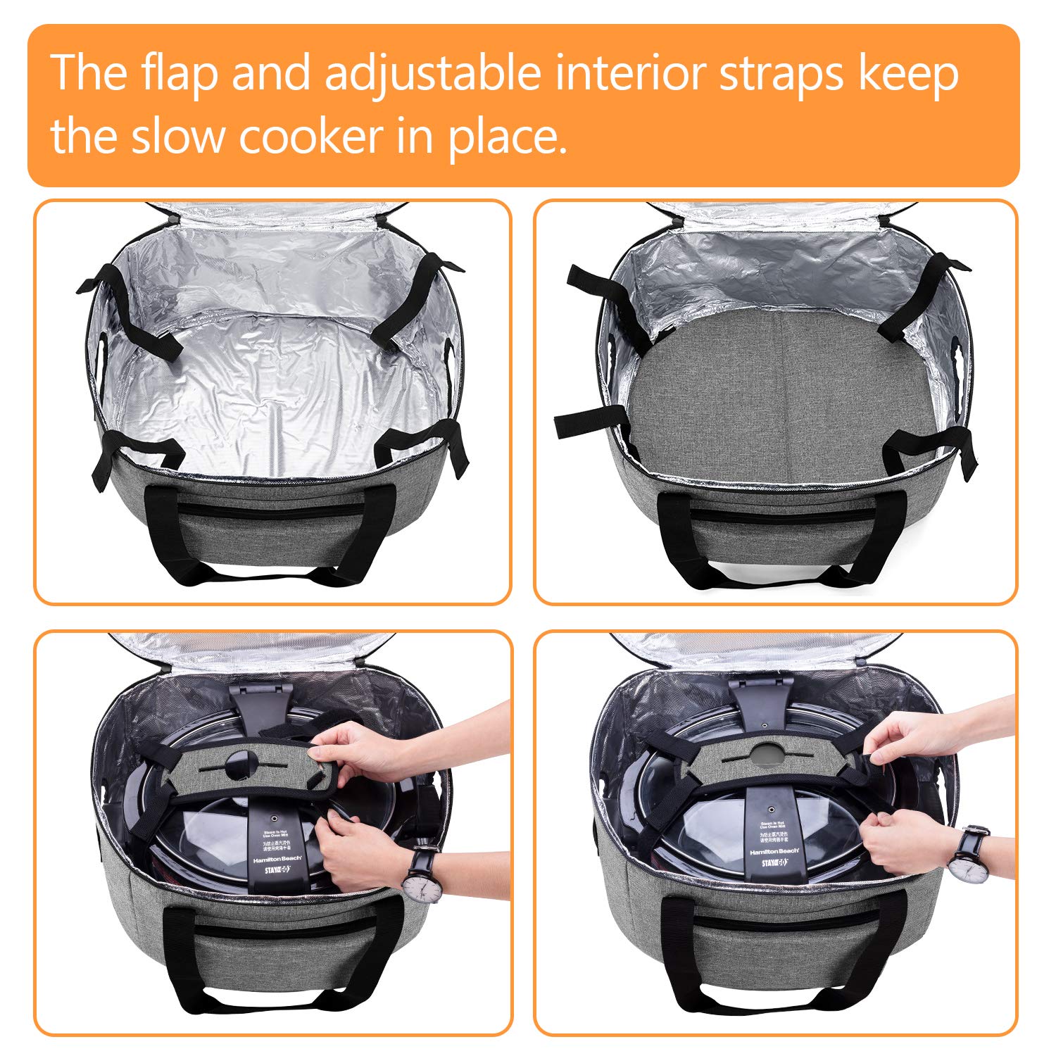 LUXJA Insulated Slow Cooker Bag with Bottom Pad & Lid Straps - Portable Thermal Carrier for 6-8 Quart Oval Slow Cookers (Gray) | Perfect for Potlucks, Picnics & Keeping Meals Warm at Parties