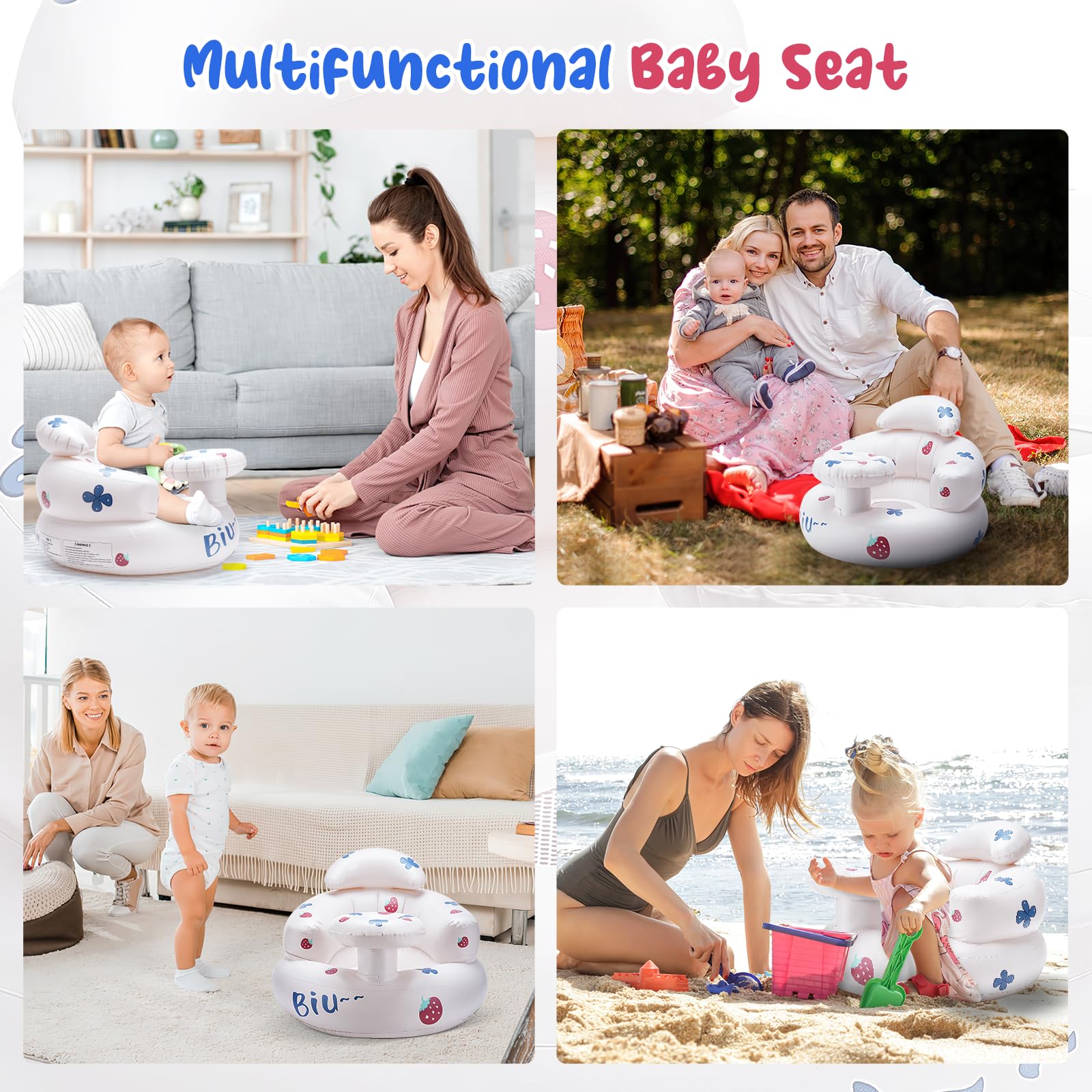 LINGSFIRE Inflatable Baby Seat for Infants 3 Months and Up - Portable Blow Up Baby Chair with Built-in Air Pump for Home, Travel, and Floor Sitting - Perfect Baby Shower Gift (White) - Great for Indoor Play, Beach Trips, and Outdoor Adventures