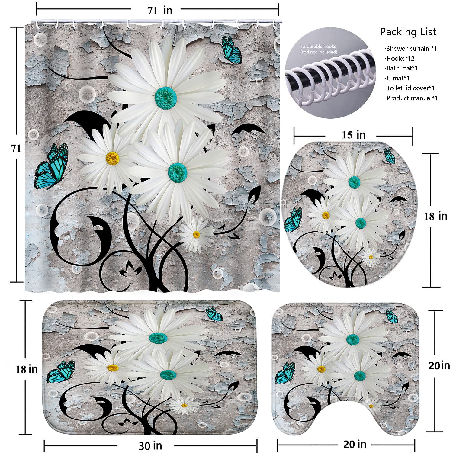 Premium 4-Piece Shower Curtain Set with Non-Slip Rugs - Bathroom Decor for Home & Hotel Use