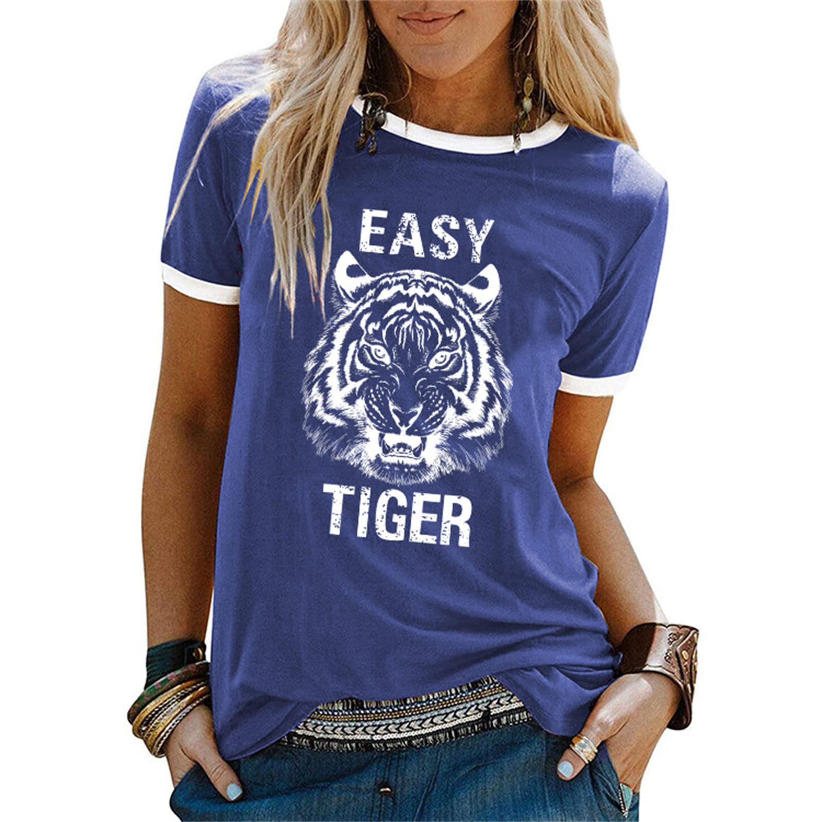 Easy Tiger Women's Graphic Tee - Animal Tiger Print Patchwork White Short Sleeve T-Shirt | Country Music Inspired Casual Top for Concerts & Everyday Wear