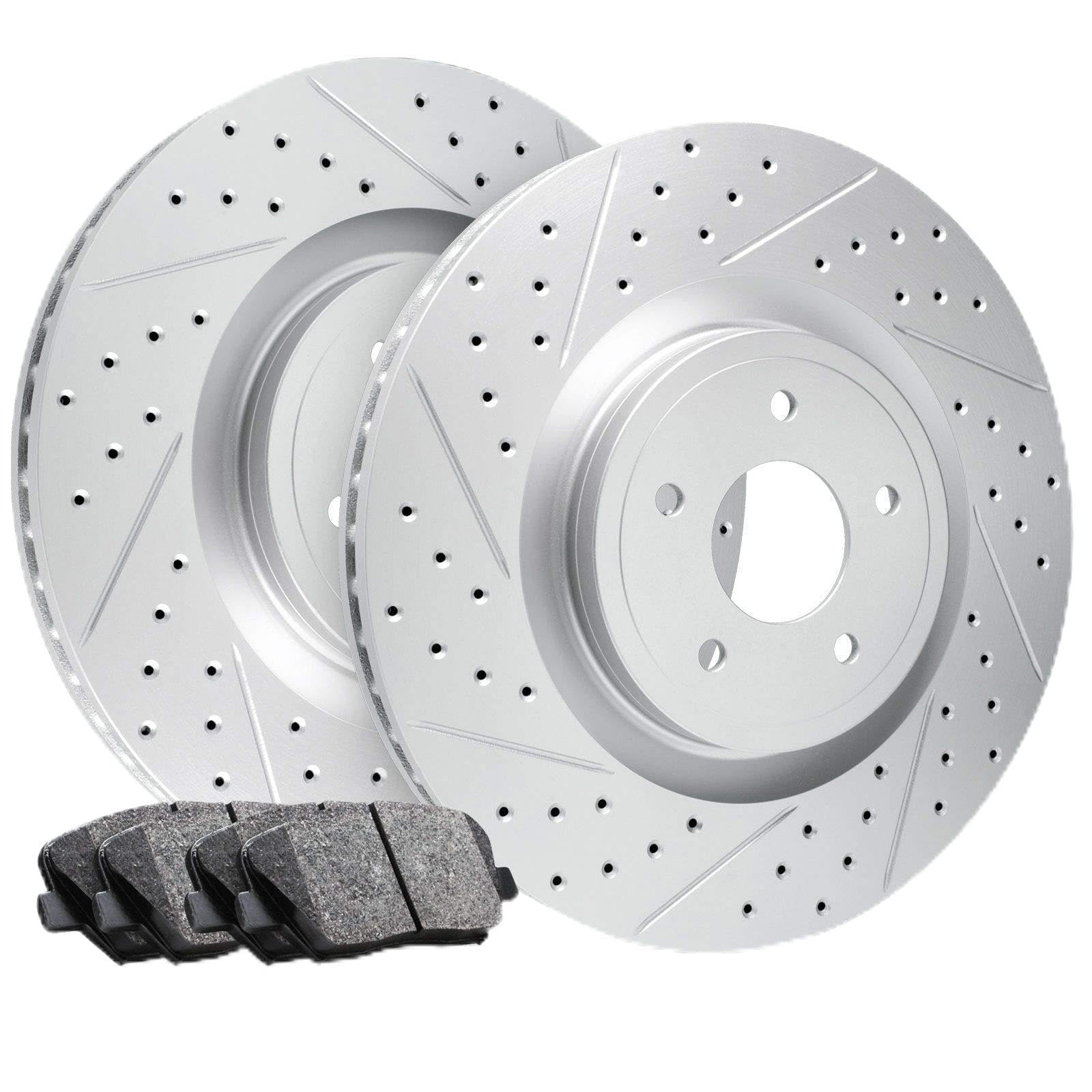 R1 Concepts Carbon Geomet Front Brake Rotors Kit with Ceramic Pads - Drilled & Slotted Performance Brakes for Cars, Trucks & SUVs - Perfect for Racing, Off-Road & Daily Driving