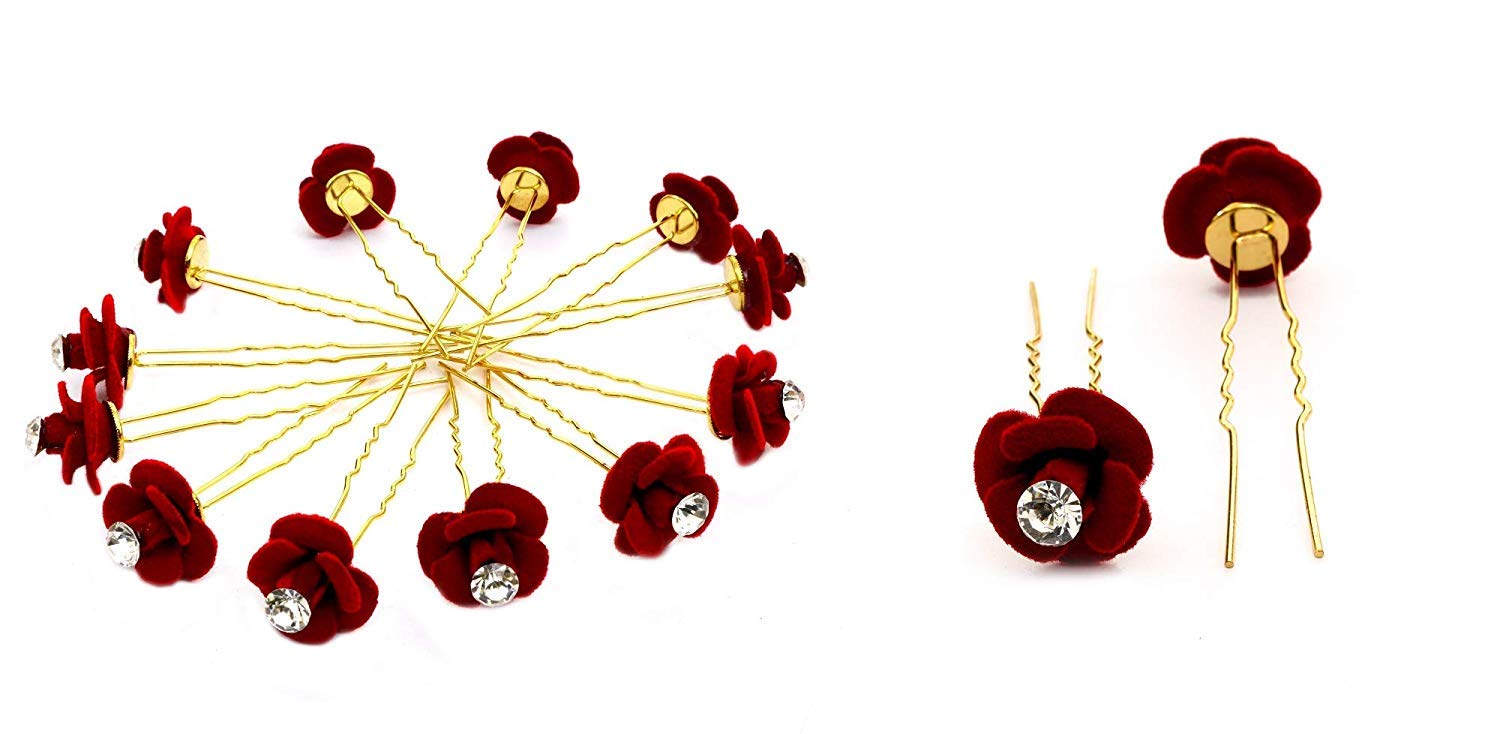 Elegant Golden Juda Hair Pins for Women - Set of 12 Bridal Hair Accessories with Red Flower & Crystal Rhinestones - Perfect for Weddings, Prom, and Special Occasions