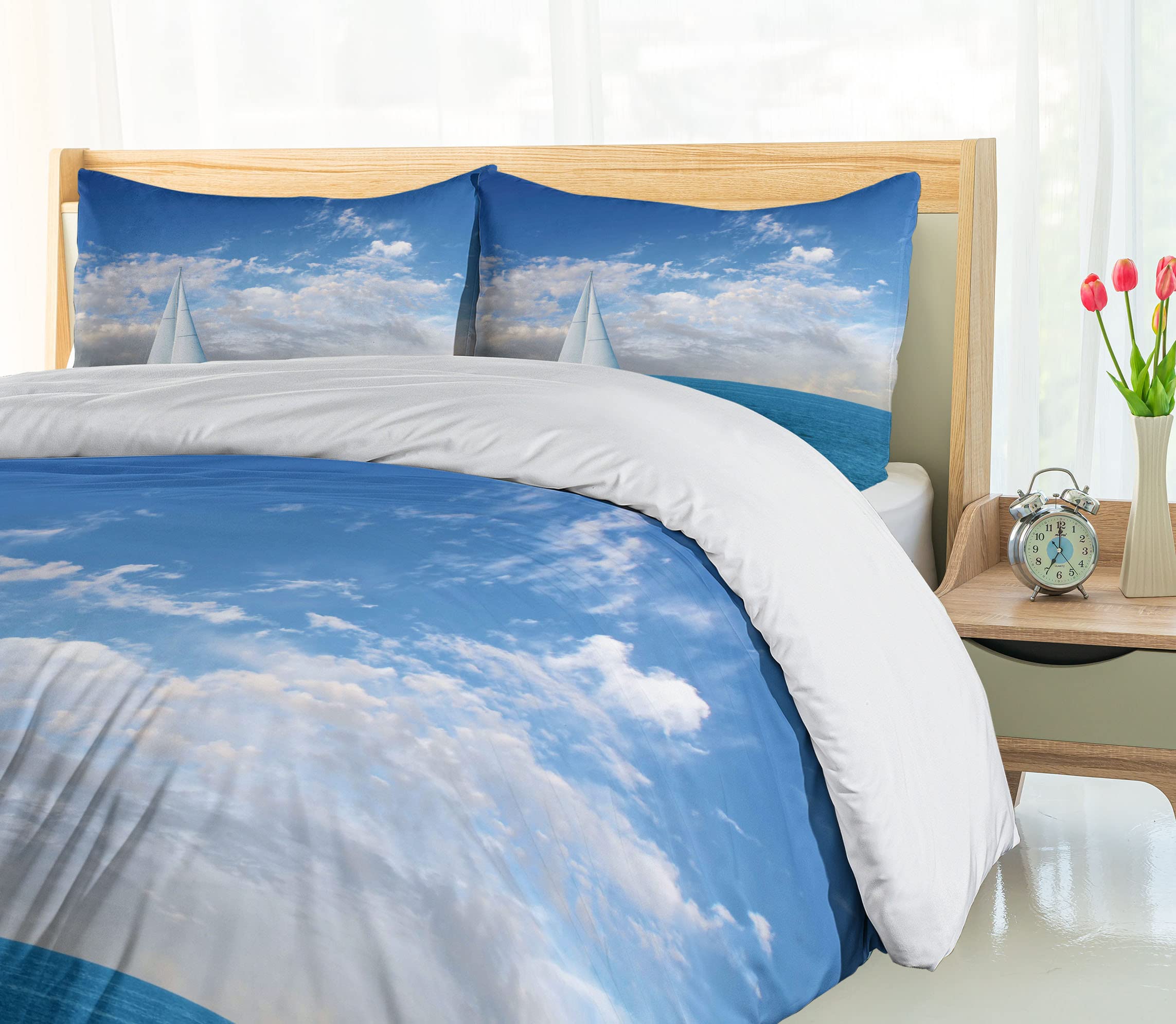 Ambesonne Ocean Duvet Cover Set - Modern Sailboat Design with Sea Horizon & Cloudy Sky - 3 Piece Queen Size Bedding Set with 2 Pillow Shams in Sky Blue & White - Perfect for Coastal, Nautical & Summer Beach Themed Bedrooms