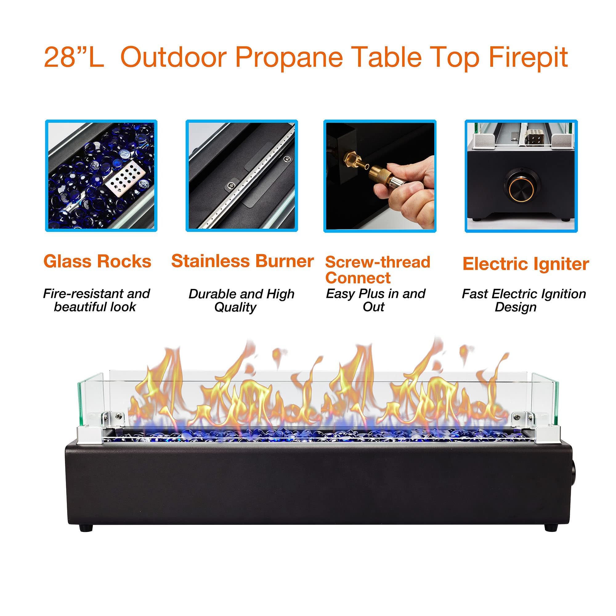 28-Inch Black Table Top Propane Fire Pit - 40,000 BTU Outdoor Portable Fireplace with Windproof Glass Shield & Decorative Glass Rocks - Perfect for Patio, Deck, Backyard, and Camping Gatherings