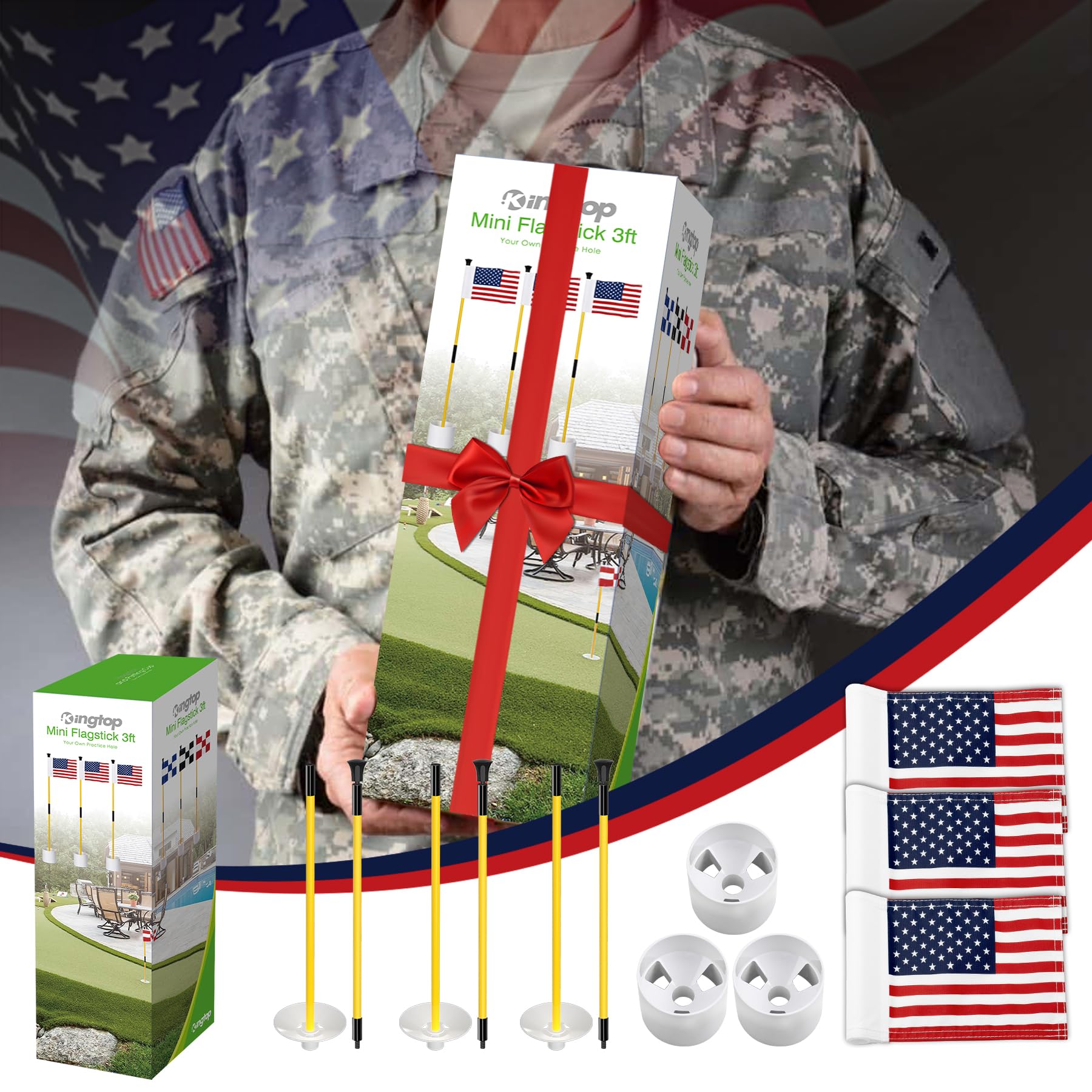 KINGTOP Golf Flagstick Mini - 3ft Practice Putting Green Flags for Yard, Golf Pin Flag & Hole Cup Combo Kit with Fiberglass Portable 2-Section Design & Double-Sided American Flag - Perfect for Backyard Golf Practice, Training Drills & Outdoor Games