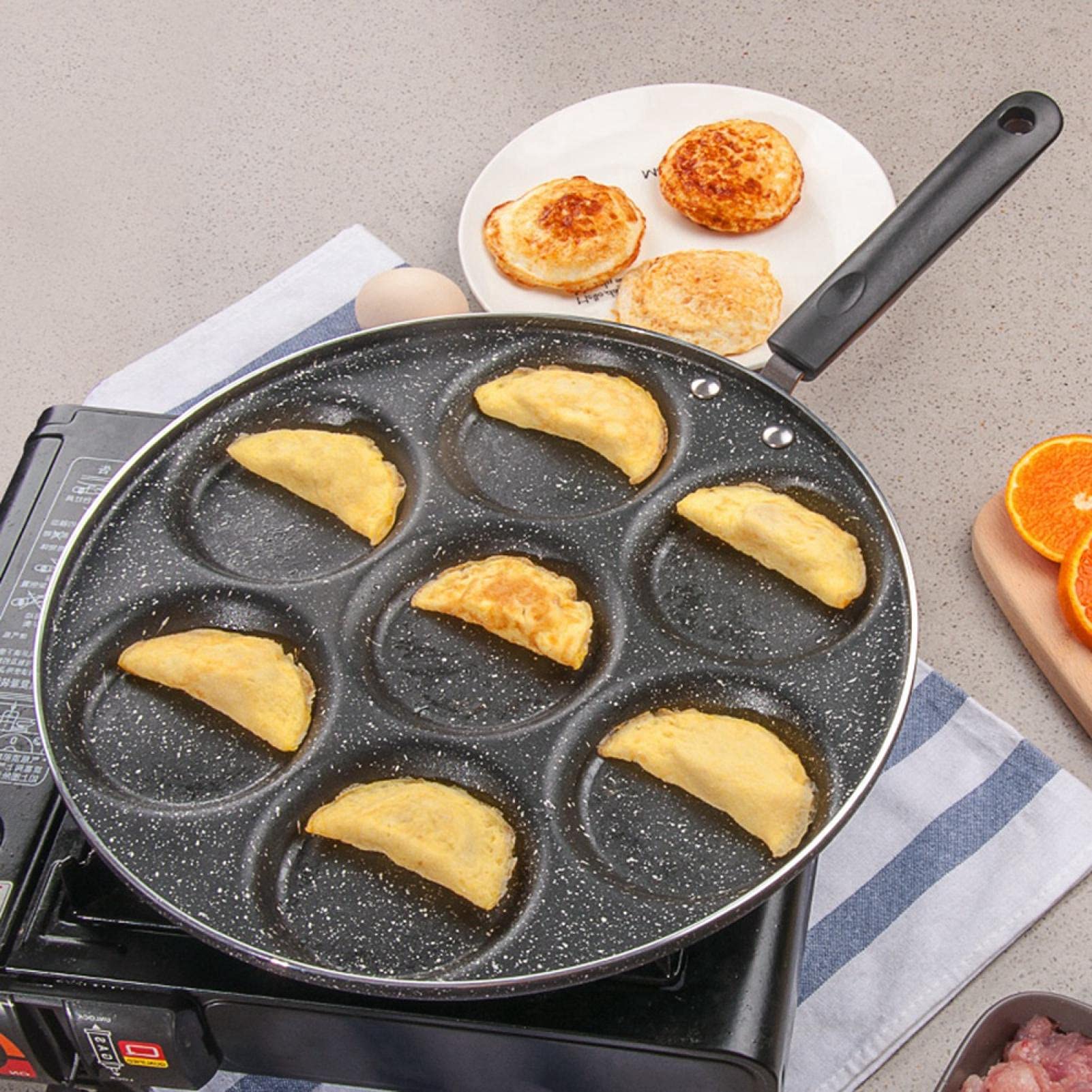 7-Hole Nonstick Egg Frying Pan - Multifunctional Omelette Cookware with Heat-Resistant Handle for Perfect Breakfast - Ideal for Pancakes, Crepes & Sandwiches Making at Home