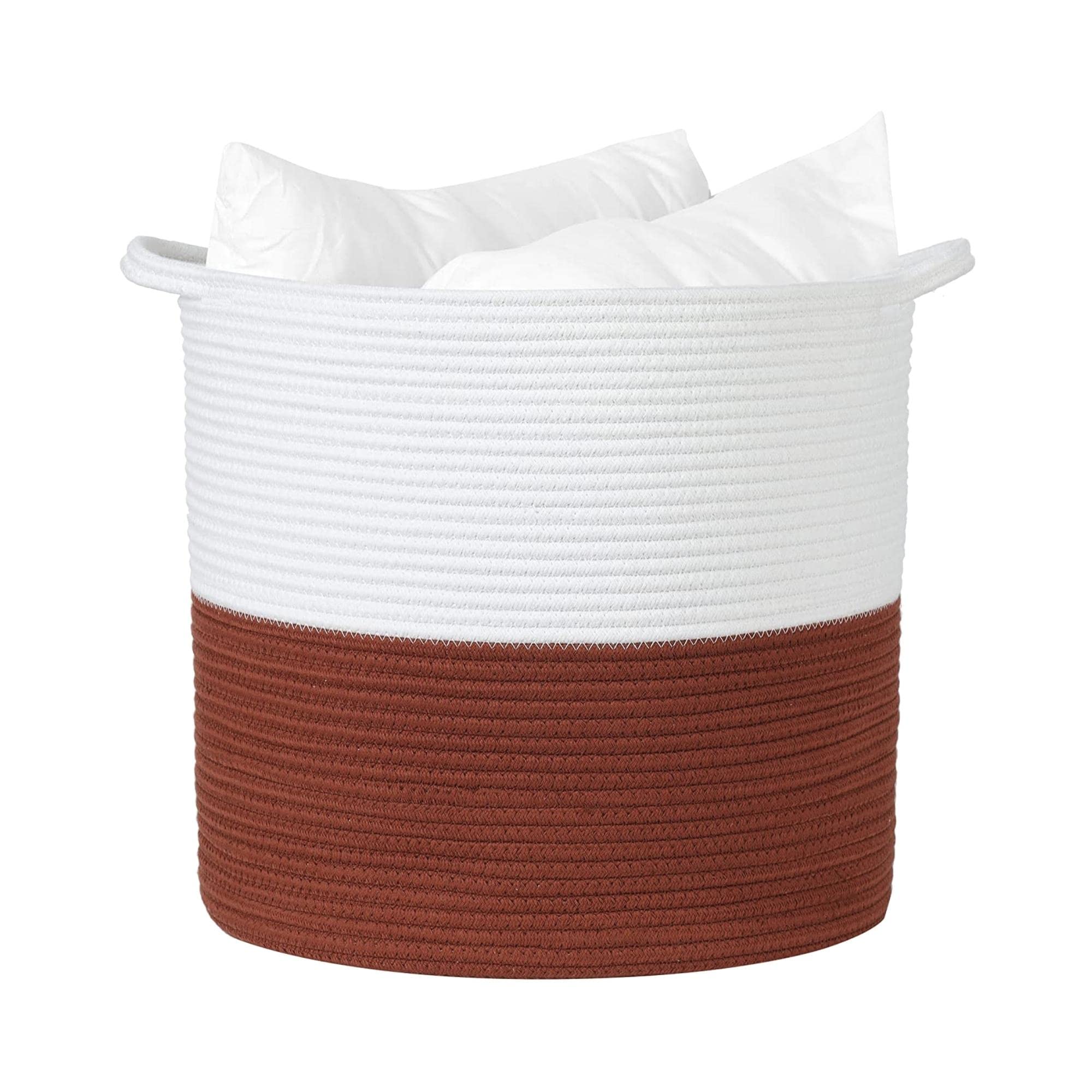 Midlee Rust & White Rope Toys Basket - Stylish Storage Organizer for Kids' Toys, Nursery, Playroom & Living Room Decor