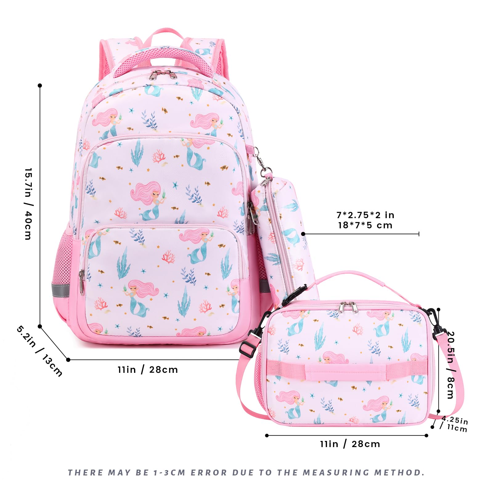 MIRLEWAIY Mermaid Backpack Set for Girls - 3-Piece School Backpack with Insulated Lunch Bag & Pencil Case | Cute Elementary Student Book Bag for School, Travel & Daily Use