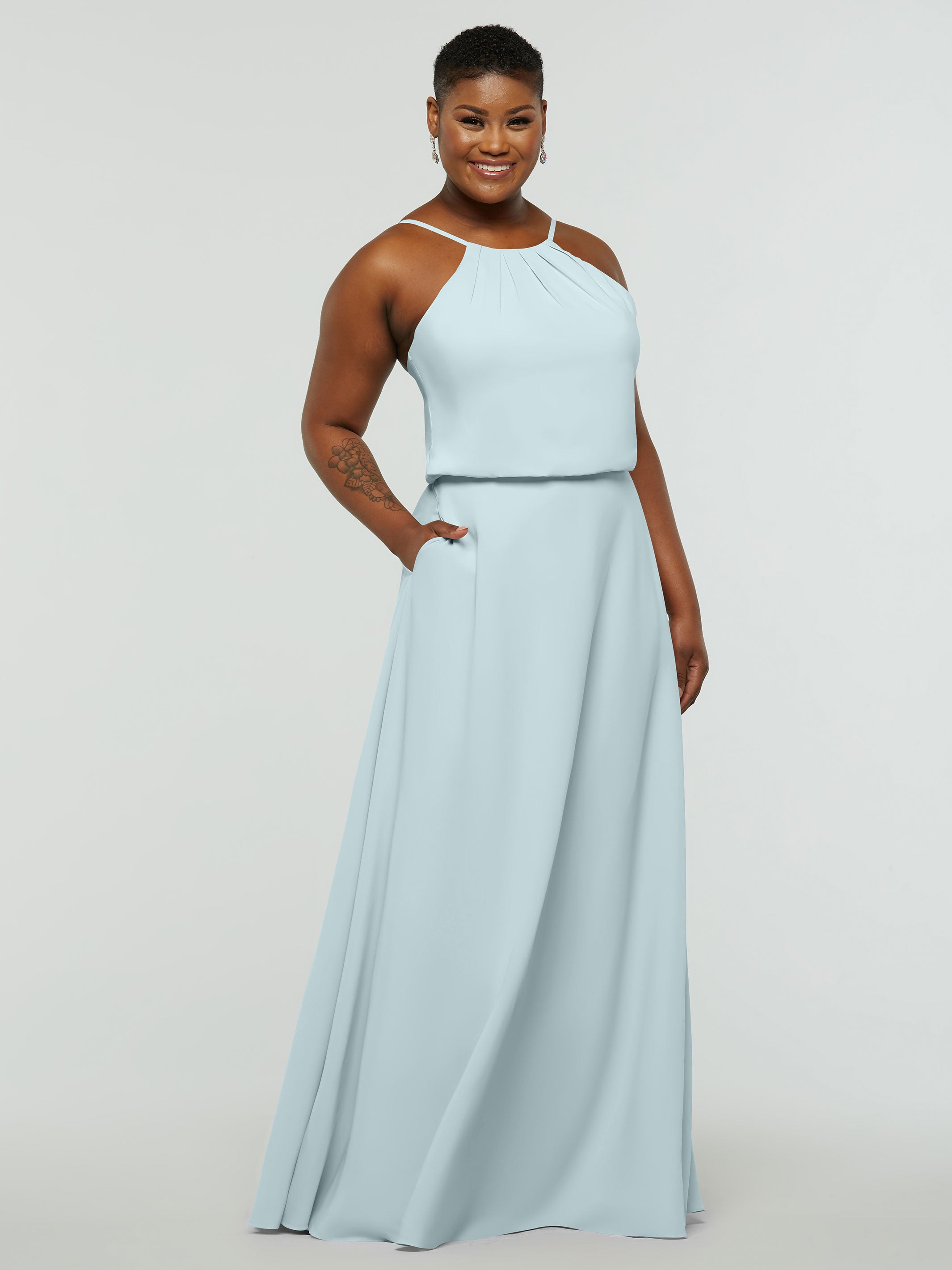 Elegant 83015 Stretch Chiffon A-Line Bridesmaid Dress with Halter Neckline - Perfect for Weddings, Formal Events & Special Occasions