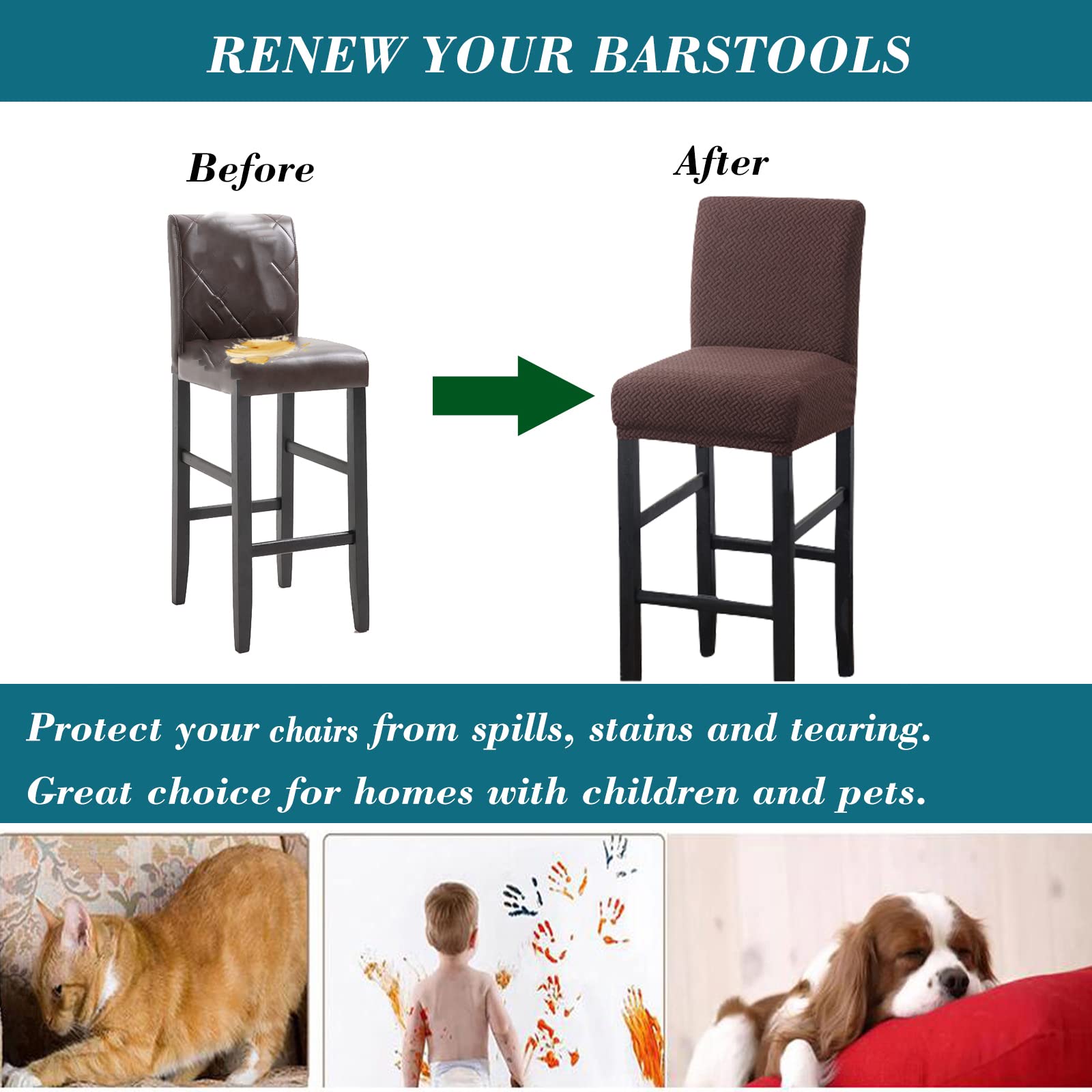 Stretch Bar Stool Covers 2 Pack - Jacquard Fabric Slipcovers with Back & Elastic Bands for Pub, Counter & Coffee Shop Stools - Durable & Stylish Seat Covers for Home & Commercial Use