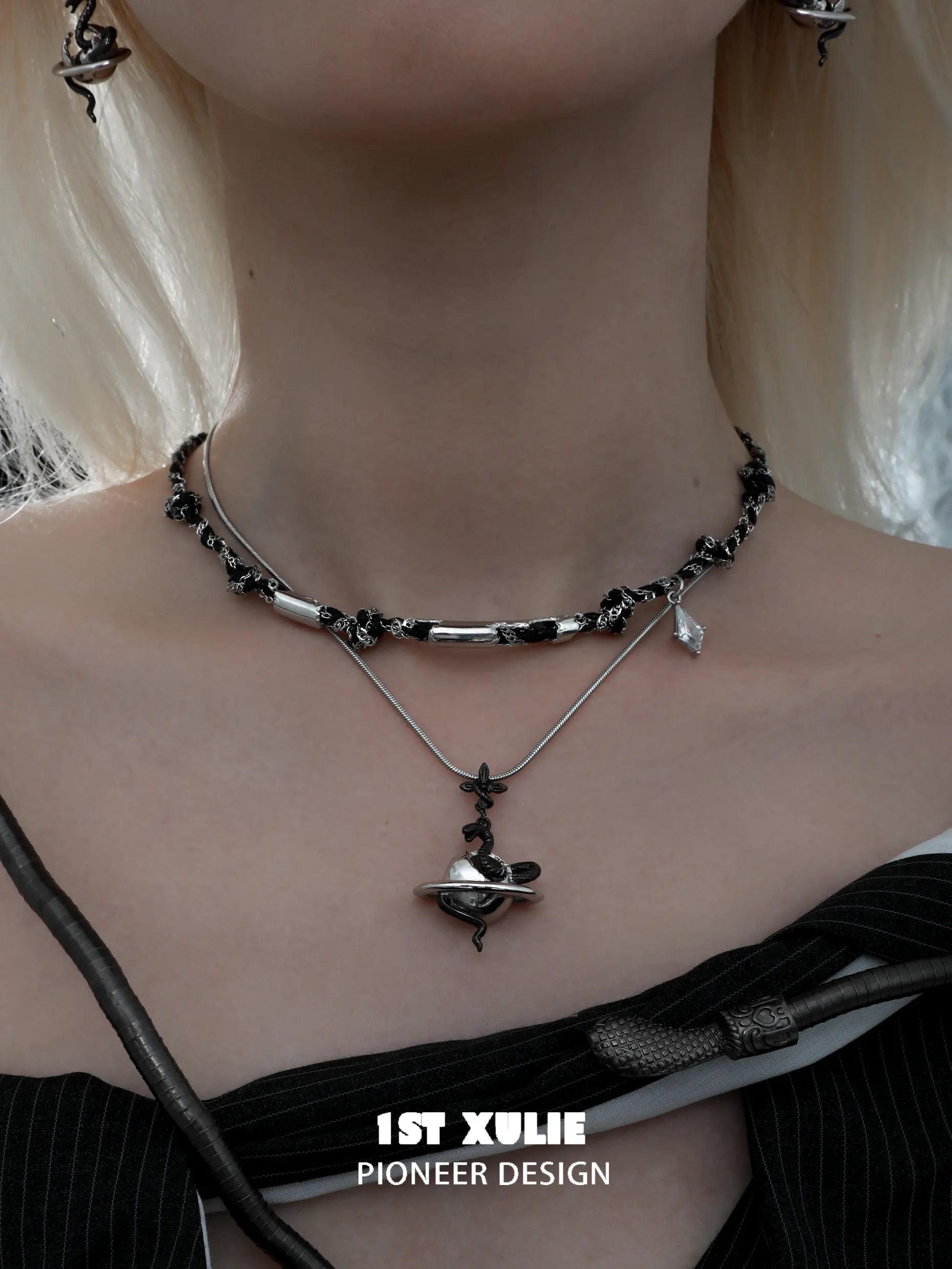 18k Platinum Plated Snake Bite Serpent Link Pendant Necklace - White & Black Entwined Design for Gothic Jewelry Lovers | Perfect for Halloween, Dark Fashion & Statement Accessories