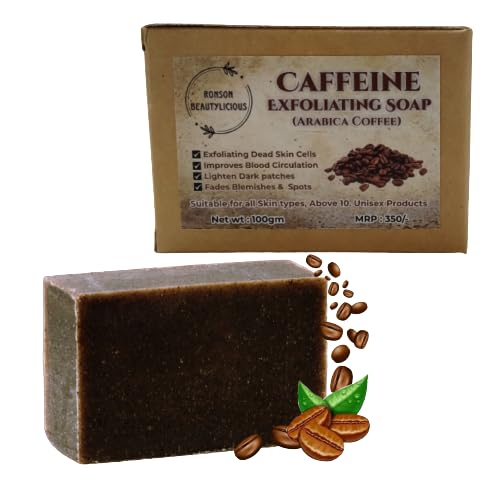 RONSON BEAUTYLICIOUS Caffeine Exfoliating Soap with Arabica Coffee - 100g Natural Face & Body Scrub for Glowing Skin - Perfect for Morning Routine & Spa Day at Home