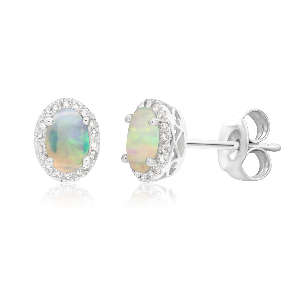 9ct White Gold 0.25ct Natural White Opal and Diamond Stud Earrings for Women - Elegant Gift for Birthday, Anniversary & Special Occasions