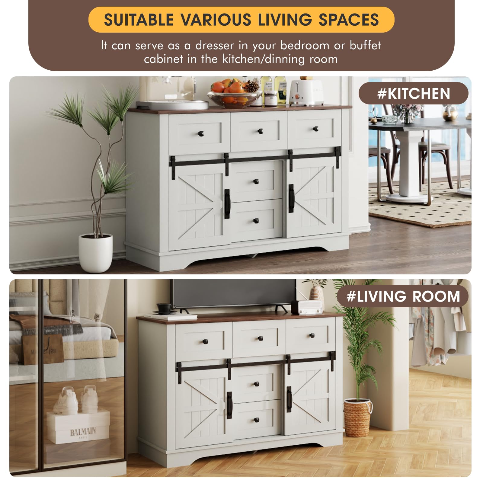 Farmhouse Sideboard Buffet Cabinet with Storage - Large Kitchen Cabinet with Sliding Barn Doors, 5 Drawers & Adjustable Shelves - White Coffee Bar Table for Dining Room - Perfect for Rustic Home Decor, Kitchen Organization & Entertaining Guests