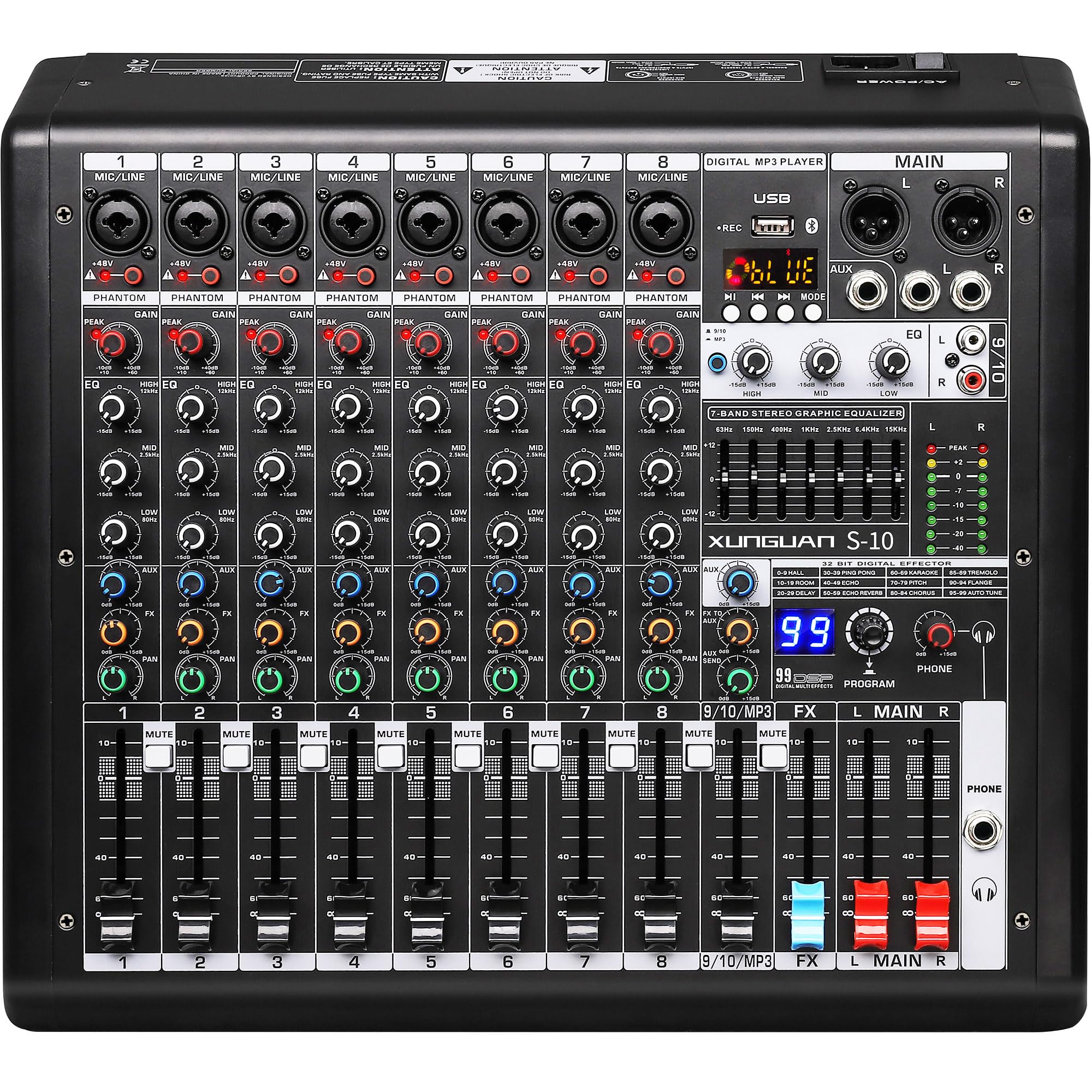 Professional 8-Channel S-10 Audio Mixer with Bluetooth, USB Recording & 99 Effects - DJ Mixer with 7-Band EQ for Podcasting, Live Streaming & Stage Performances - Perfect for Home Studios, Clubs, and Band Rehearsals