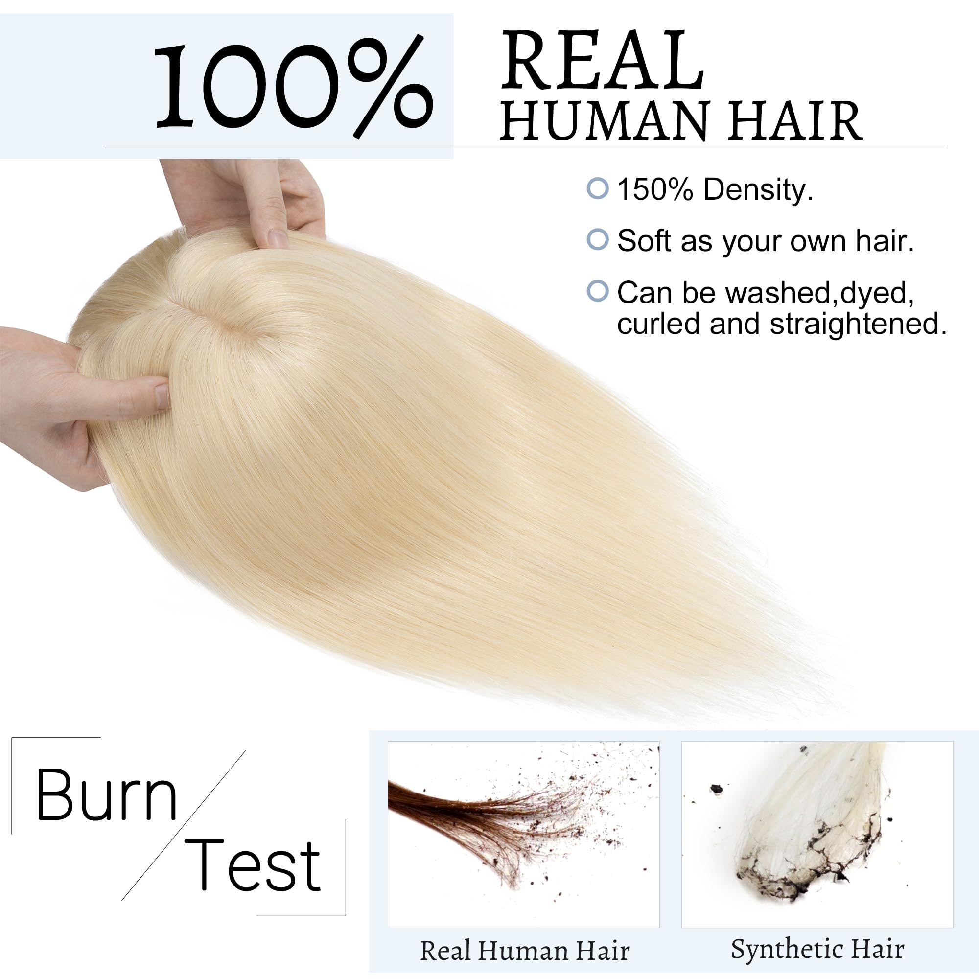Premium 18 Inch Platinum Blonde Human Hair Topper with Bangs | 7x13cm Silk Base Clip-In Hairpiece for Women with Thinning Hair | Natural Looking Hair Thickener for Daily Wear, Special Occasions & Styling