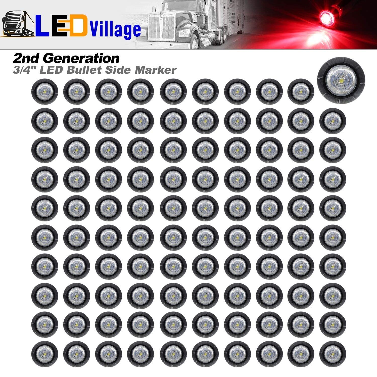 3/4 Inch Mini Round Clear Lens Red LED Clearance Indicator Lights - Sealed Side Marker Lamps for Pickup, Tow Truck, Bus, Trailer & Boat - 12V DC (Pack of 100) - Perfect for Vehicle Safety & Nighttime Visibility