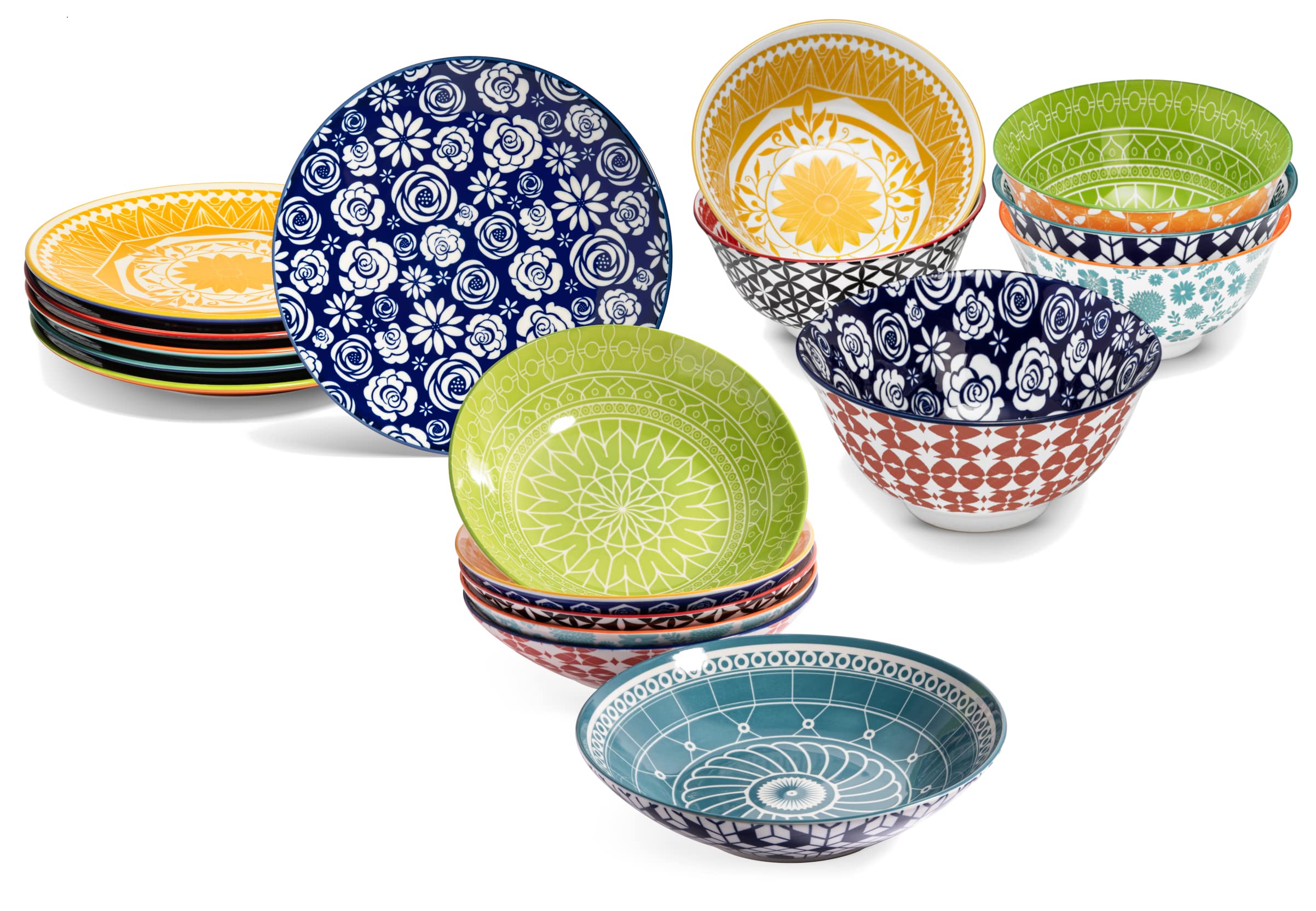Annovero 16oz Cereal & Pasta Bowls Set - Colorful Porcelain Salad Plates & Serving Dishes for Breakfast, Oatmeal, Chili, Soup - Microwave & Dishwasher Safe Dinnerware - Perfect for Family Meals, Dinner Parties & Everyday Use