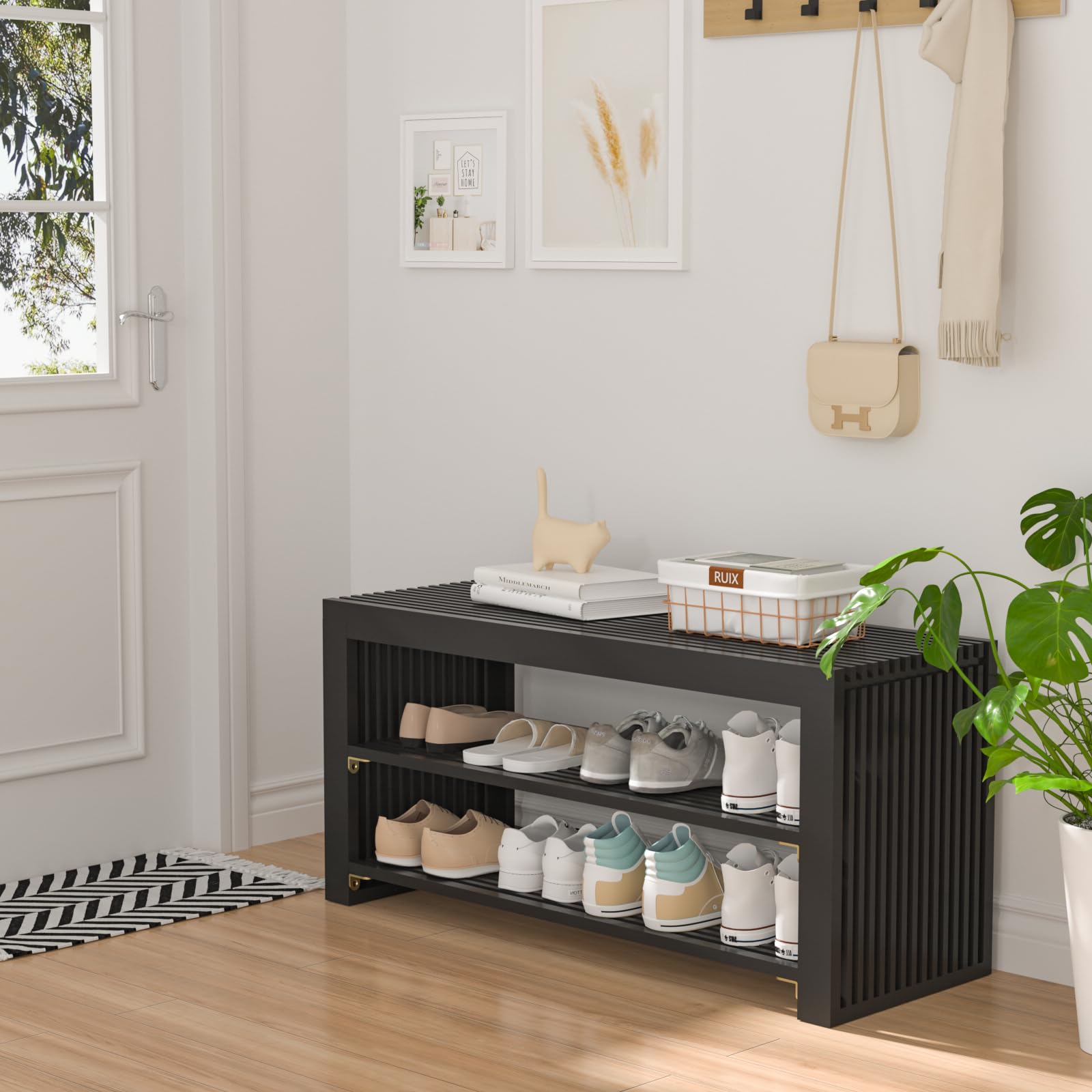 3-Tier Bamboo Shoe Rack Bench with Storage - Space Saving Entryway Organizer for Shoes, Boots & Accessories | Perfect for Front Door, Bathroom & Bedroom | Durable Black Long Shoe Bench for Home & Apartment Organization