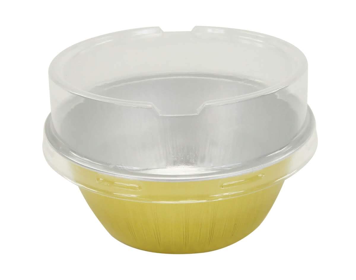 KitchenDance 4oz Disposable Gold Aluminum Baking Cups with Lids - Stackable Foil Pans for Creme Brulee, Flan, Cupcakes & Desserts - Perfect for Home Baking, Party Catering & Meal Prep (500-Pack)