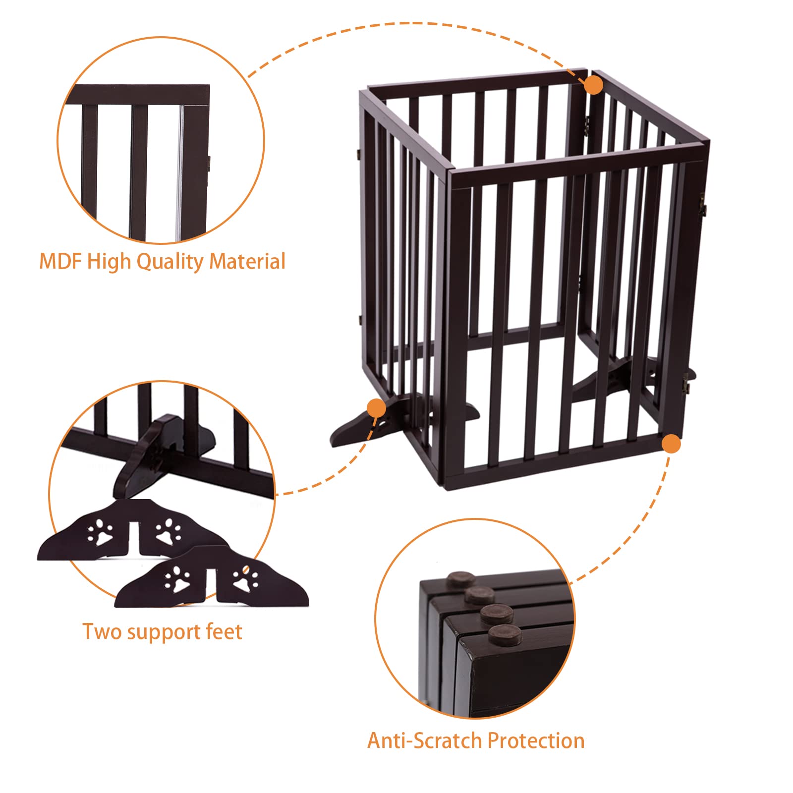 Free-Standing Wooden Pet Gate for Dogs - 24 Inch Wide Foldable Indoor Safety Barrier with 4 Panels & Support Feet - Perfect for Doorways, House Use, Puppy Playpen & Doggie Containment