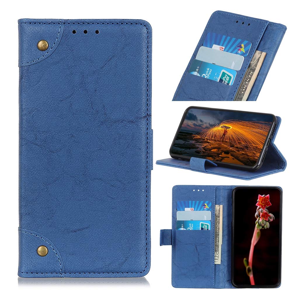 Premium Genuine Leather Case for Huawei Honor X10 5G - Vintage Copper Buckle Flip Cover with Card Slots & Wallet Function (Blue) - Perfect for Business Professionals & Daily Commuters