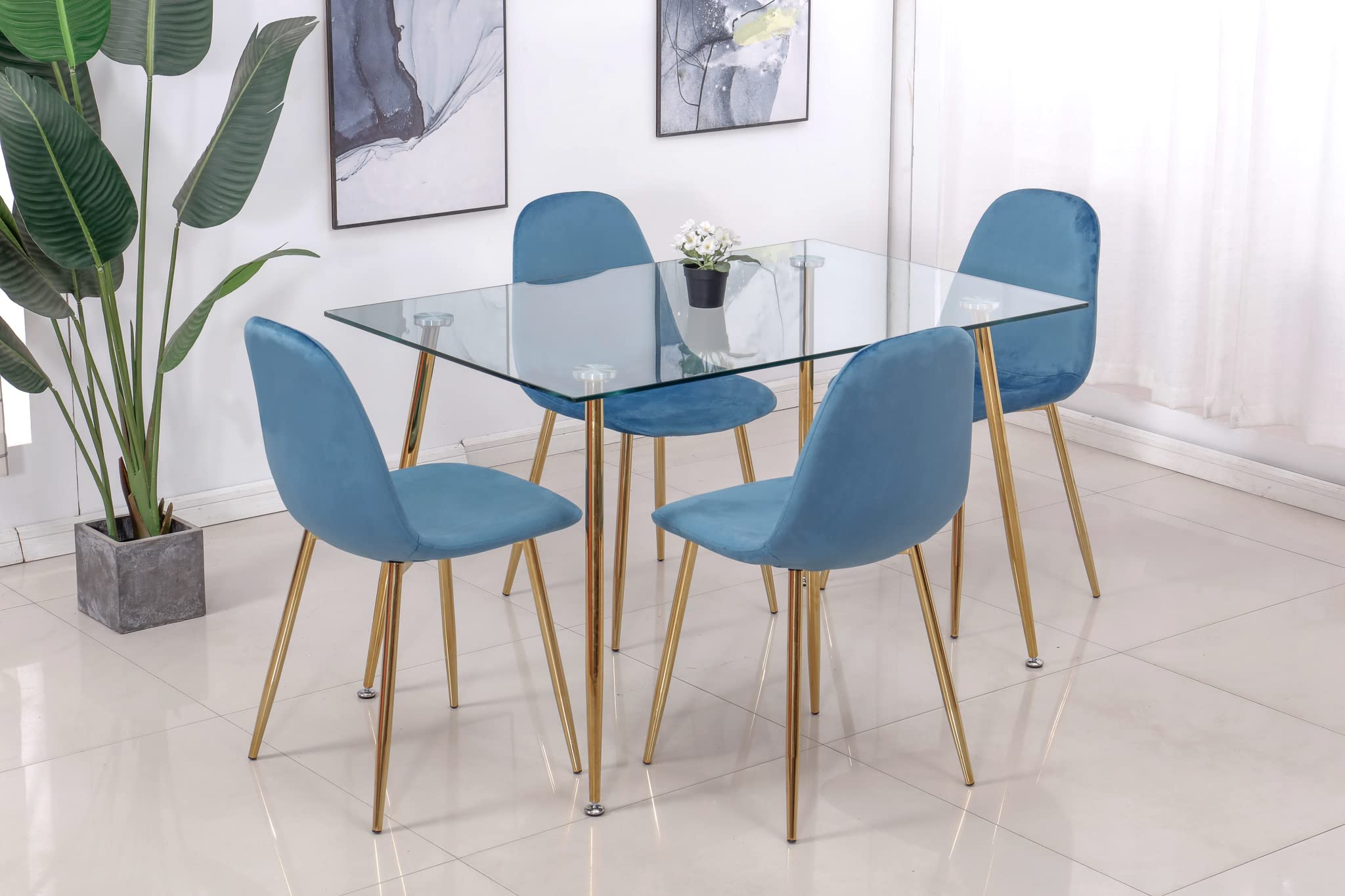 Midcentury Modern Blue Velvet Dining Chairs Set of 4 - 18