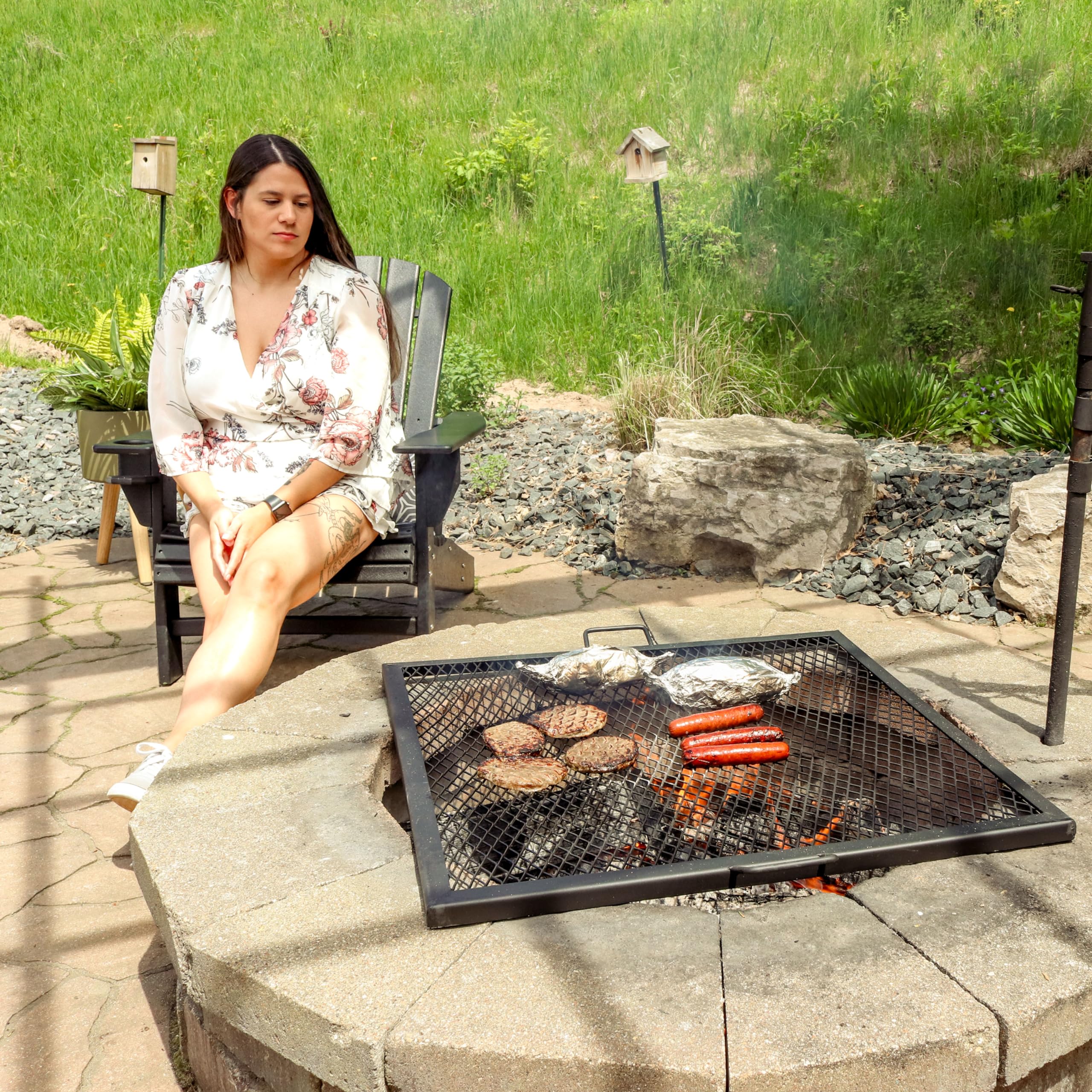 Sunnydaze X-Marks 24-Inch Square Black Steel Fire Pit Cooking Grate with Handles - Heavy Duty BBQ Grill for Camping, Backyard, Patio & Outdoor Cooking