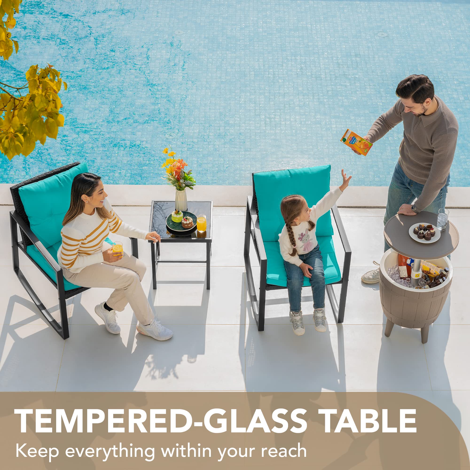 Devoko 3-Piece Wicker Patio Furniture Set - Outdoor Rocking Bistro Chairs with Glass Coffee Table for Porch, Garden & Backyard (Blue) | Perfect for Relaxing, Entertaining & Outdoor Dining