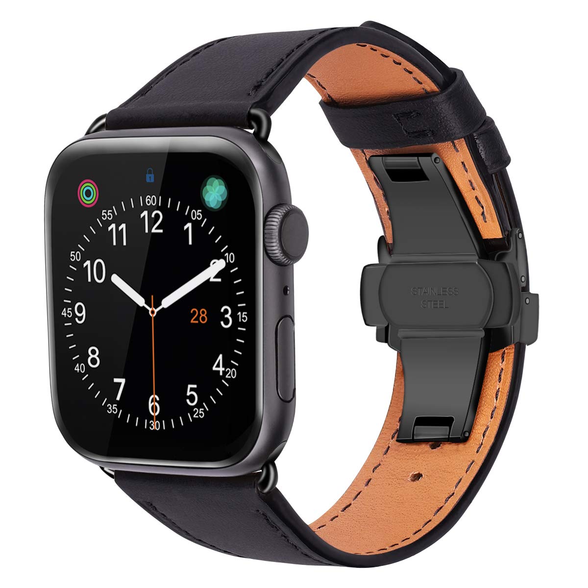 Premium Leather Apple Watch Band 42mm 44mm 45mm 49mm - Replacement Strap Compatible with iWatch Ultra, Series 8/7/6/SE/5/4/3/2/1 - Black Butterfly Clasp Bracelet for Workout, Office & Casual Wear