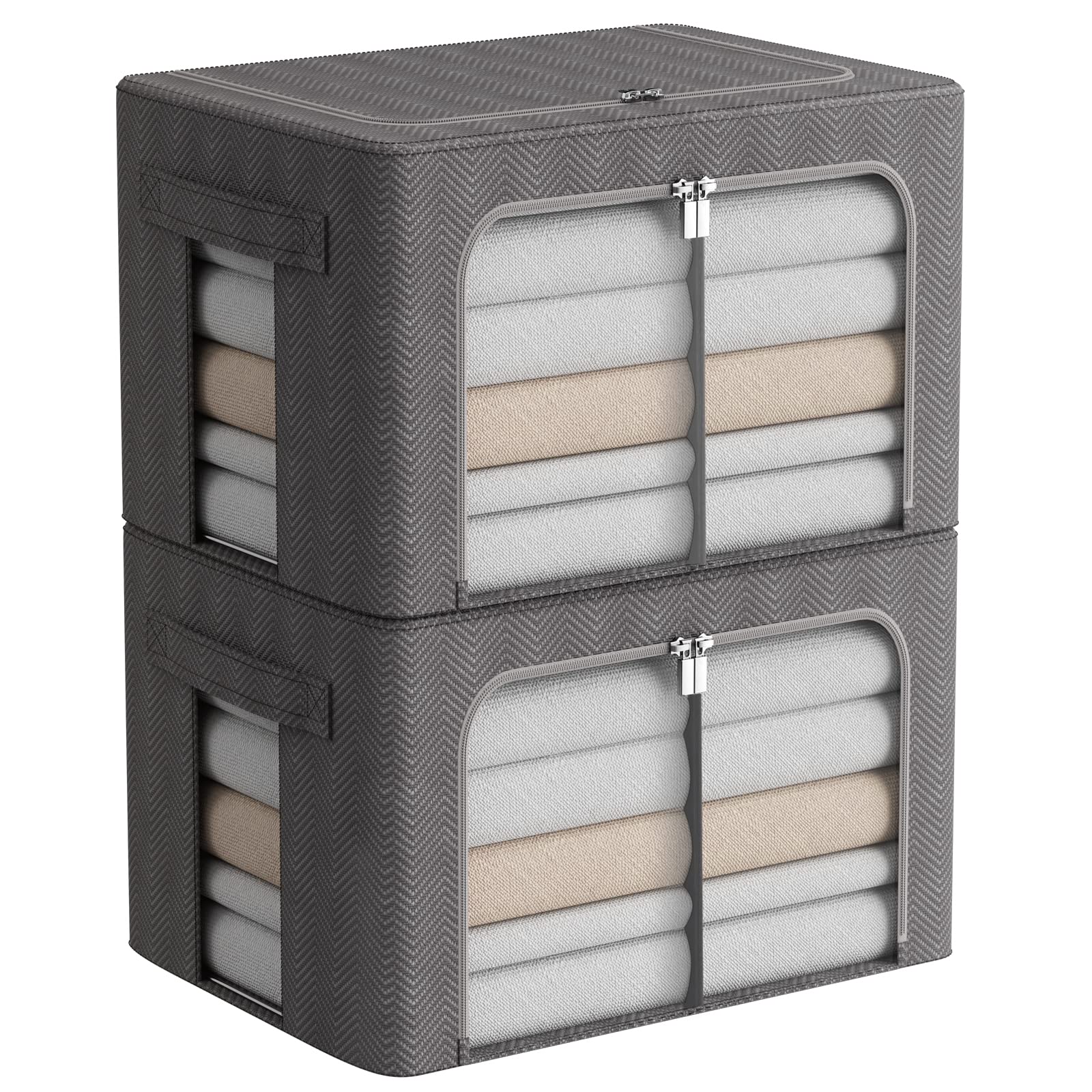Foldable Clothes Storage Bins 2 Pack - Stackable Metal Frame Clothing Organizer with Clear Windows & Handles, Oxford Fabric Herringbone Pattern Container for Blankets, Toys & Seasonal Clothes (36L, Grey) | Perfect for Bedroom, Closet & Nursery Organization
