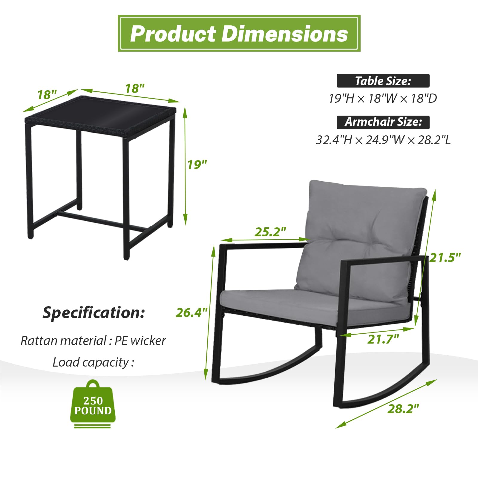 SUNCROWN 3-Piece Outdoor Rocking Bistro Set - Black Wicker Patio Furniture with Glass Coffee Table, Dark Grey - Perfect for Porch, Garden, and Backyard Relaxation