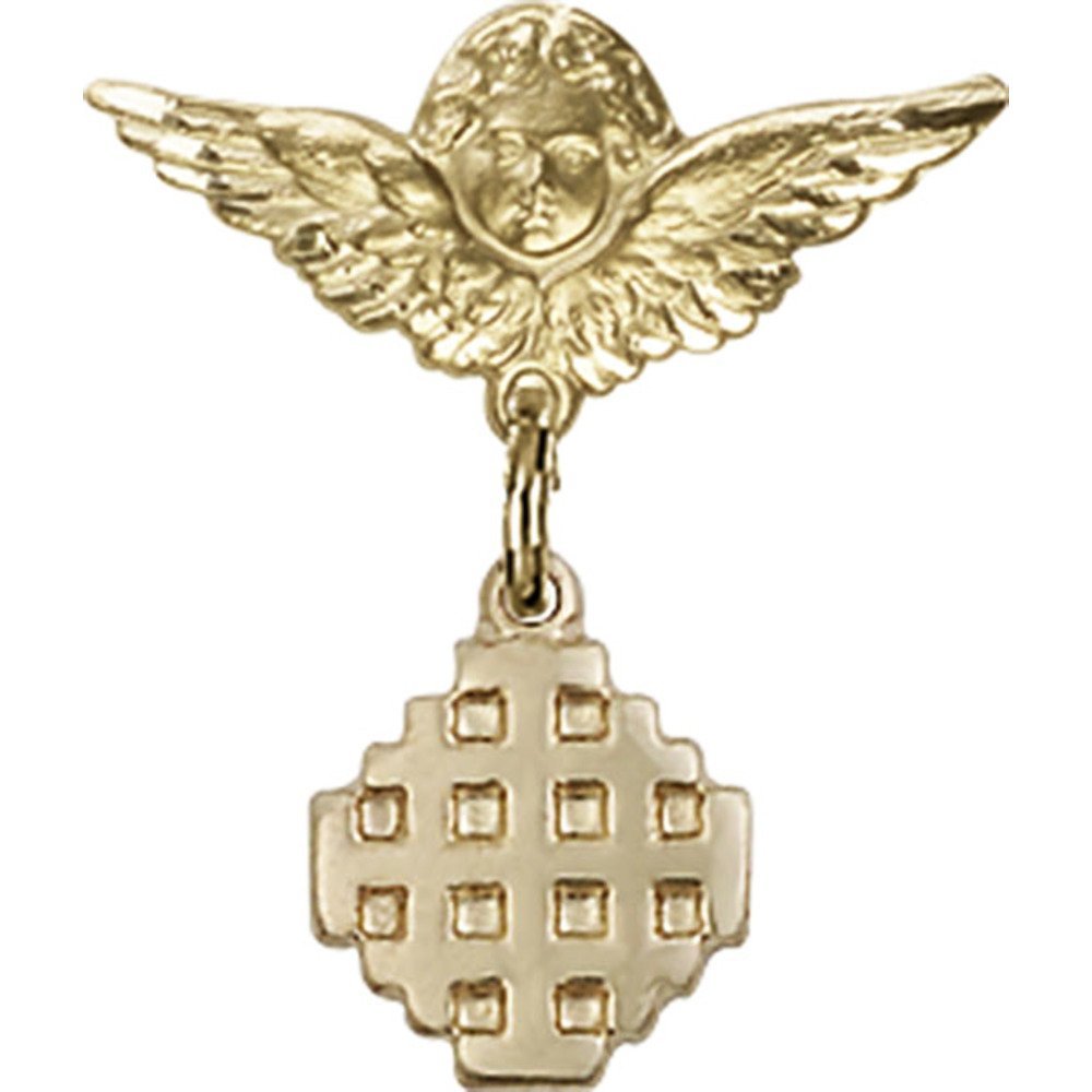 Gold Filled Baby Badge with Jerusalem Cross Charm & Angel Wing Pin - 7/8
