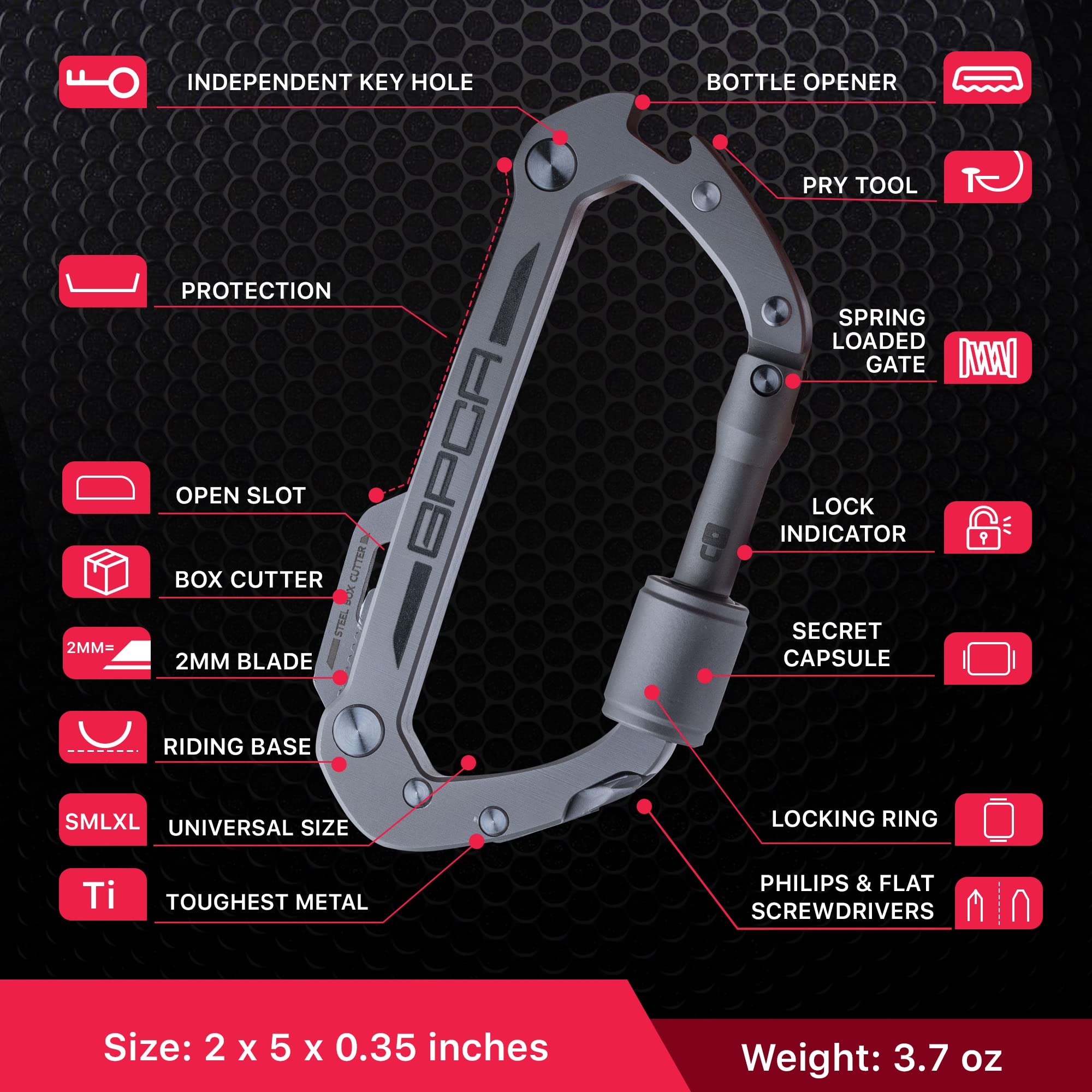 GPCA Heavy Duty Carabiner Keychain Clip - Key Organizer & Key Ring Holder with Bottle Opener - Multi Tool EDC Gear for Outdoor, Hiking, Camping & Everyday Carry (Black)