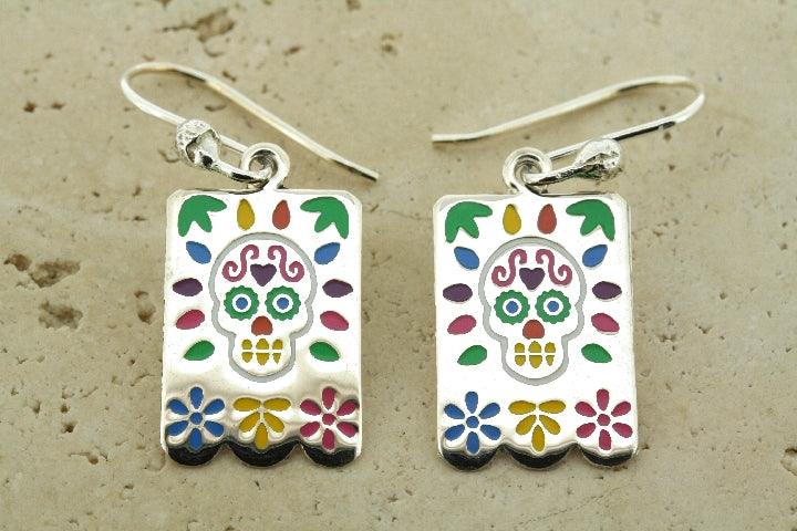Day of the Dead Rectangle Drop Earrings - Handmade Mexican Sugar Skull Dangle Earrings for Women - Perfect for Halloween, Dia de los Muertos Celebrations & Festival Jewelry