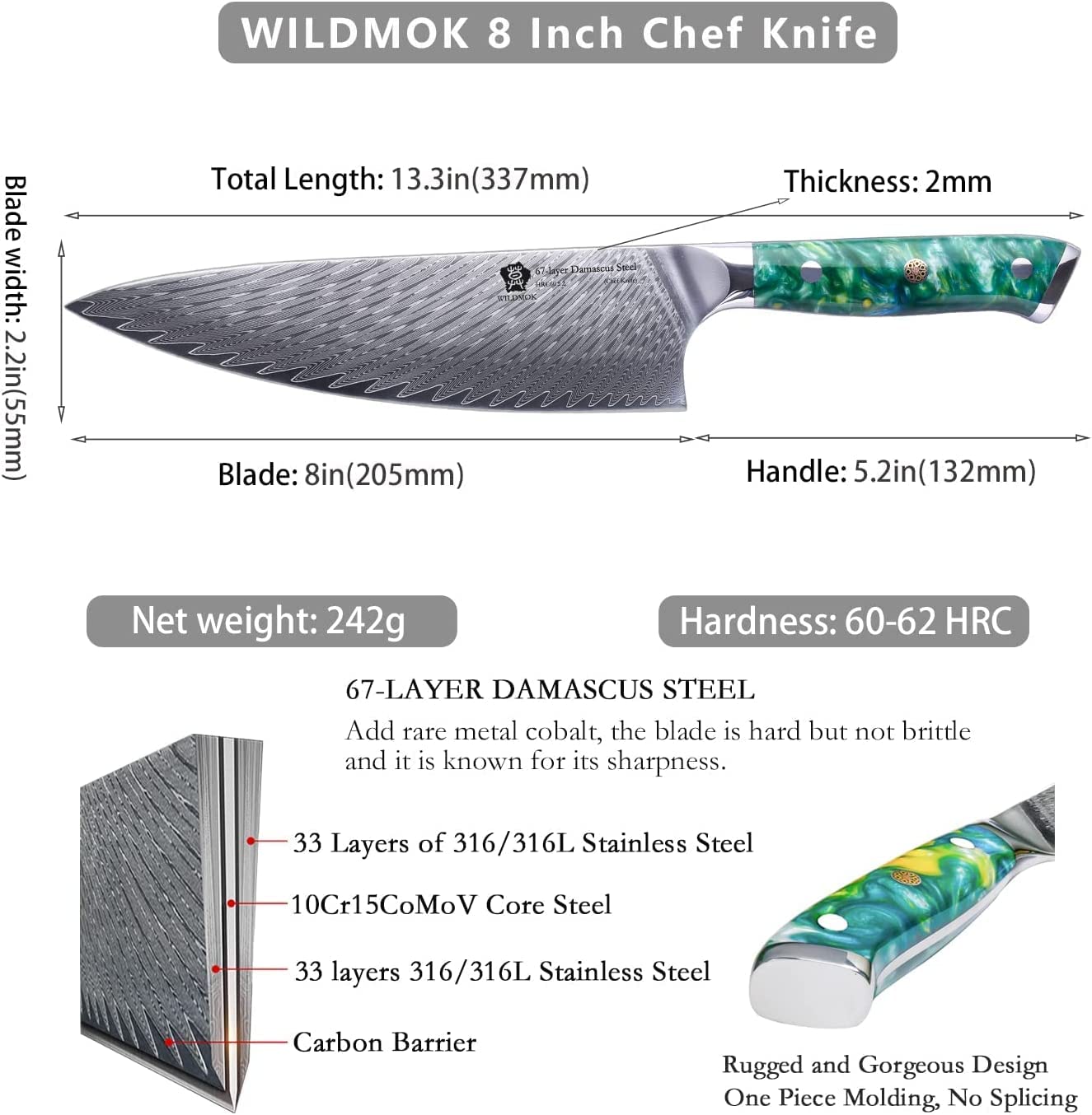 Premium 8 Inch Damascus Japanese Chef Knife - VG10 Steel Blade with Green Resin Handle - Professional Kitchen Knife for Cooking, Slicing & Chopping - Perfect Gift Box Included for Home Chefs & Culinary Enthusiasts