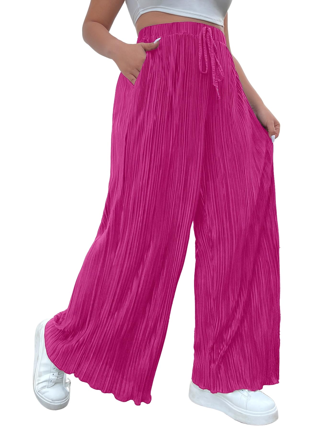 Verdusa Women's Plus Size High Waist Pleated Wide Leg Palazzo Pants with Pockets - Comfortable Office Wear & Casual Lounge Pants for Work & Everyday Outfits