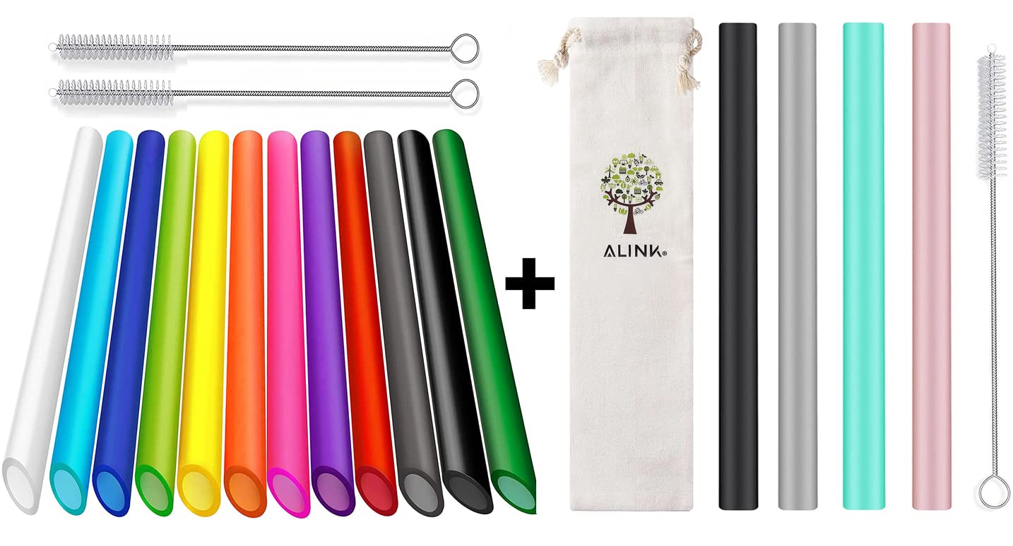 ALINK 12-Pack Reusable Boba Straws with 4 Silicone Tips - Eco-Friendly Bubble Tea Straws for Smoothies, Iced Coffee & Milk Tea Drinks at Home or Cafe