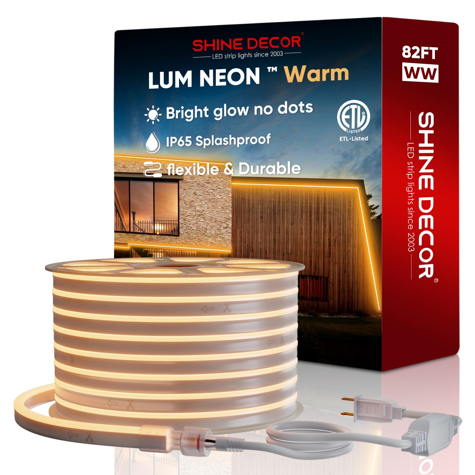 Shine Decor LED Neon Rope Lights - 82ft Expandable & Cuttable 120V AC Strip Lighting with 120LEDs/M, ETL Certified Cold-Resistant & IP65 Waterproof for Indoor/Outdoor Use - 8x16mm 2500K Warm White - Perfect for Bedroom, Party, Wedding, and Holiday Decorations